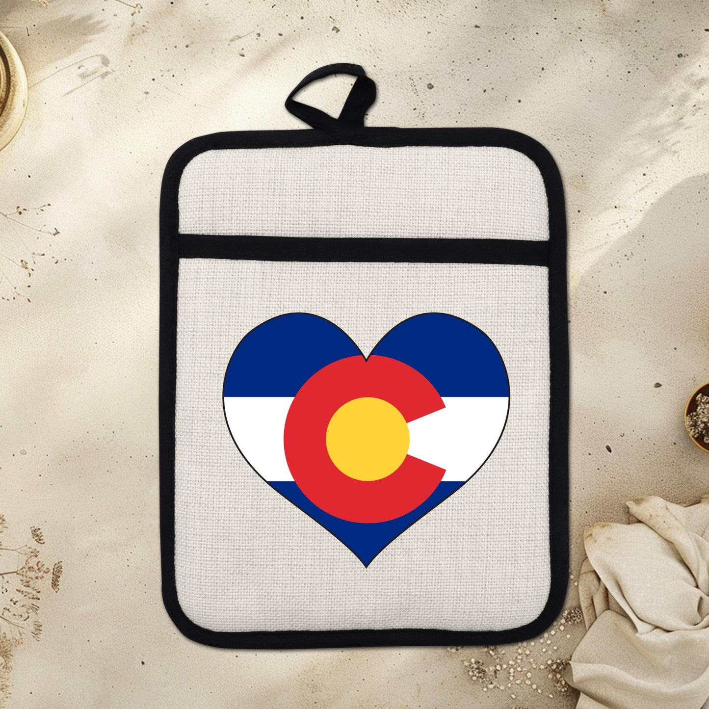 Colorado Heart Pot Holder – Silicone Pot Holder with Linen Front & Heat Resistant Trivet - lifestyle view