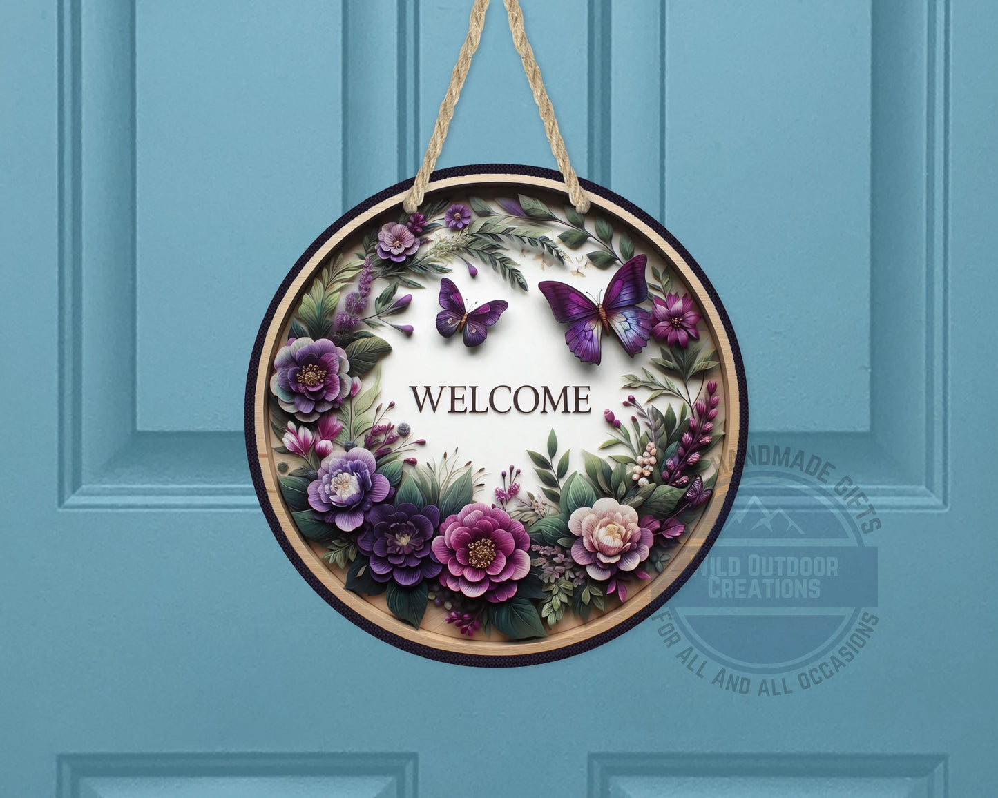Welcome Door Hanger - Purple Floral Butterfly Porch Sign | Weather Resistant Aluminum - product dimensions and specifications