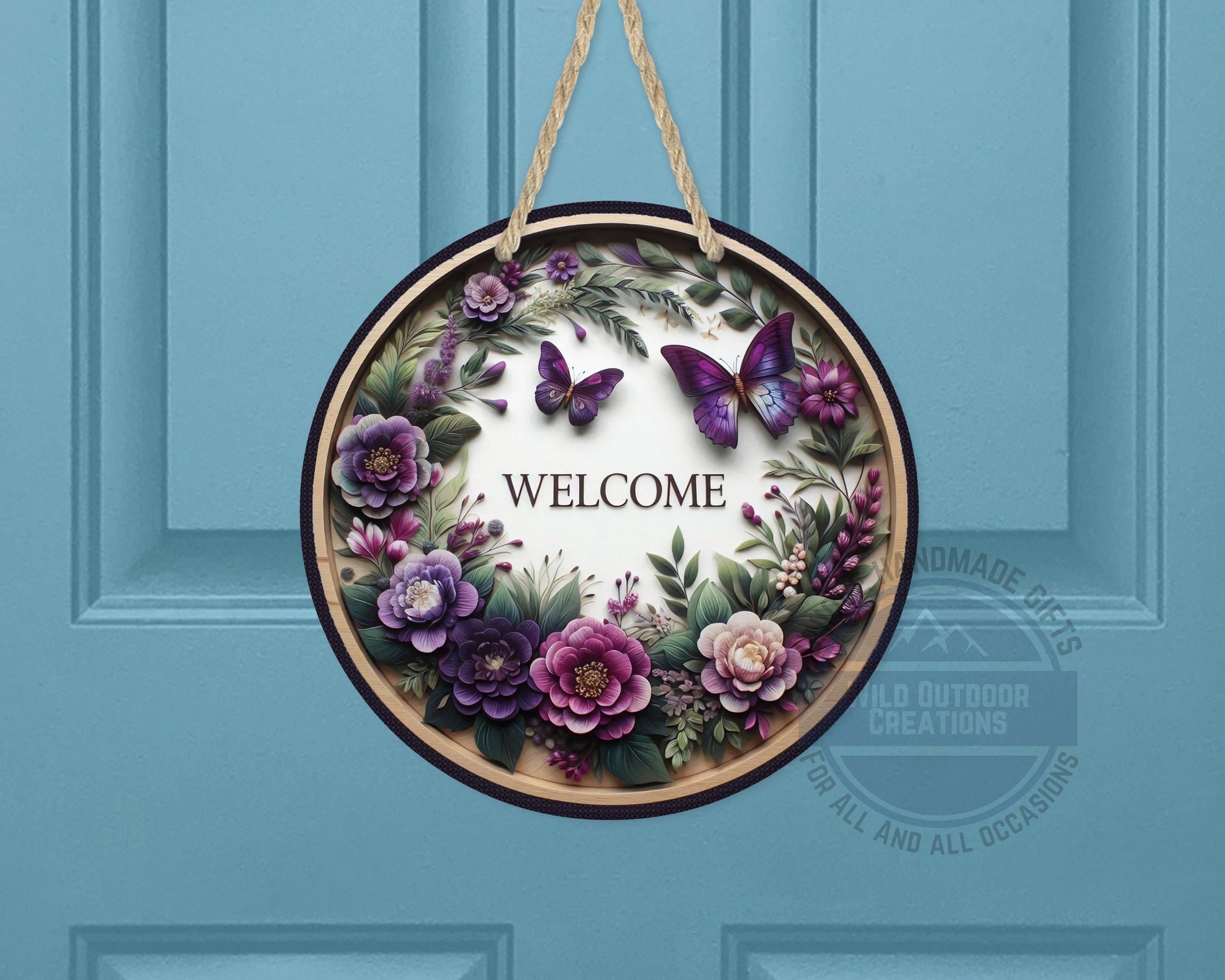 Welcome Door Hanger - Purple Floral Butterfly Porch Sign | Weather Resistant Aluminum - product dimensions and specifications