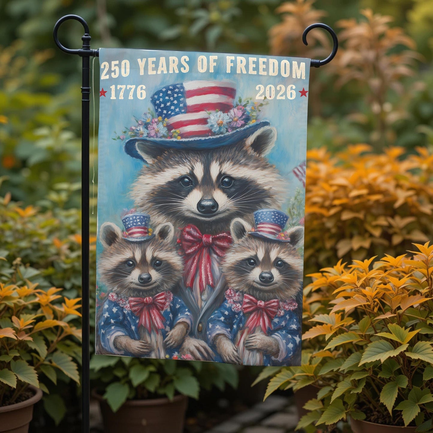 Patriotic Garden Flag - 250 Years Of Freedom Raccoon 12x18 Double Sided Sublimation