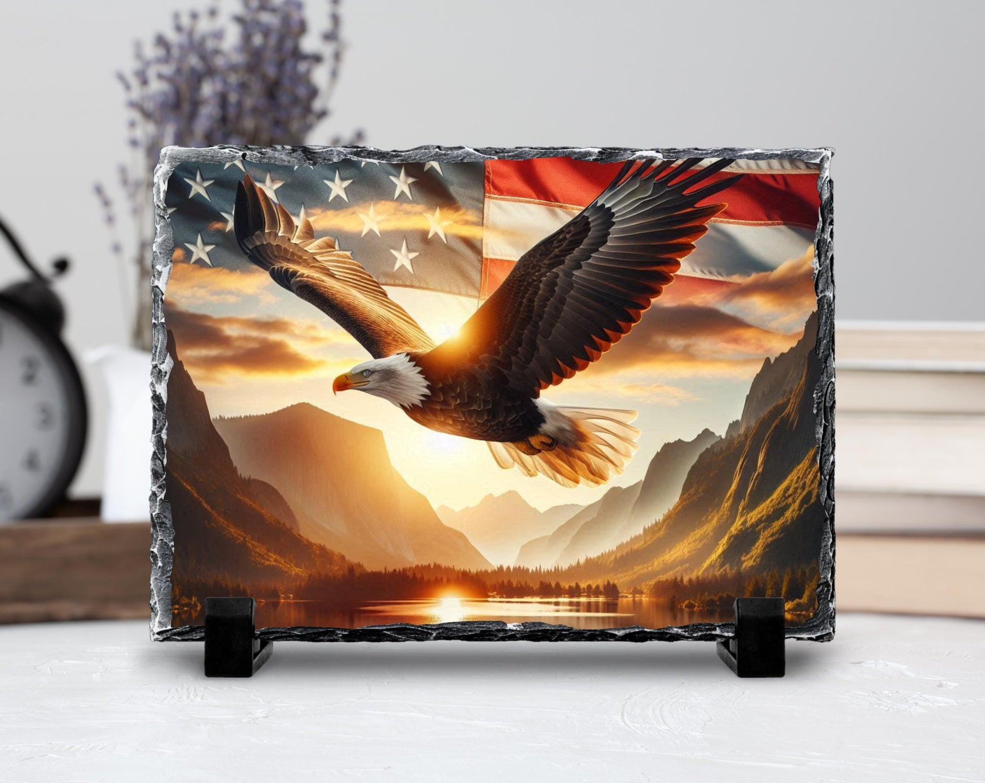 Patriotic Slate Sign - Bald Eagle Decor with American Flag Art, Rustic Slate Sign - product dimensions and specifications