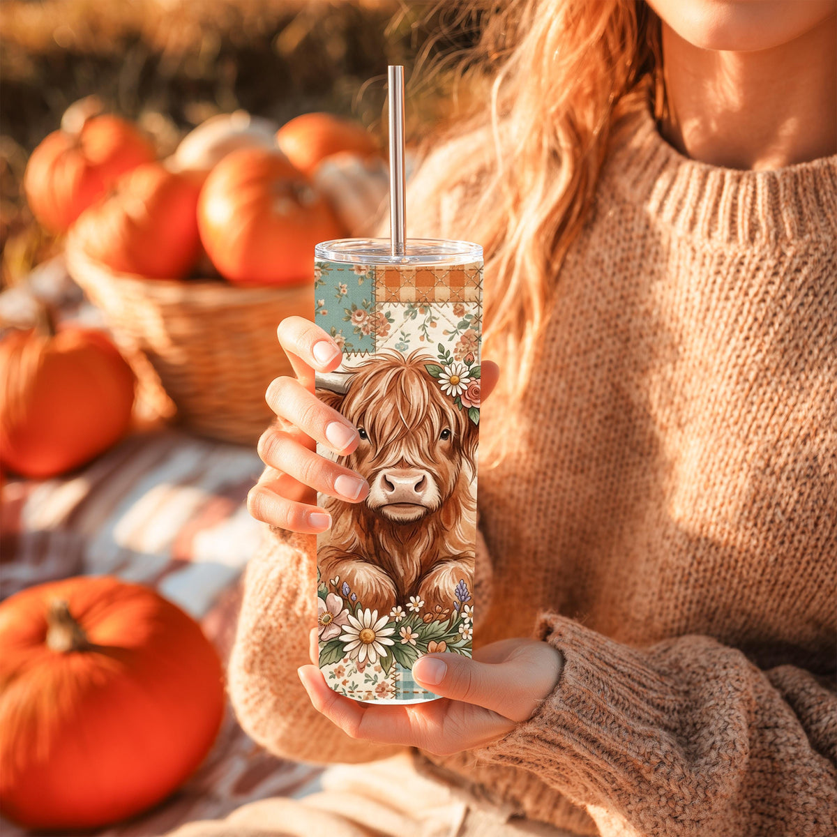 Highland Cow Tumbler | Floral Patchwork 20 Oz Skinny, Teal Peach Farmhouse