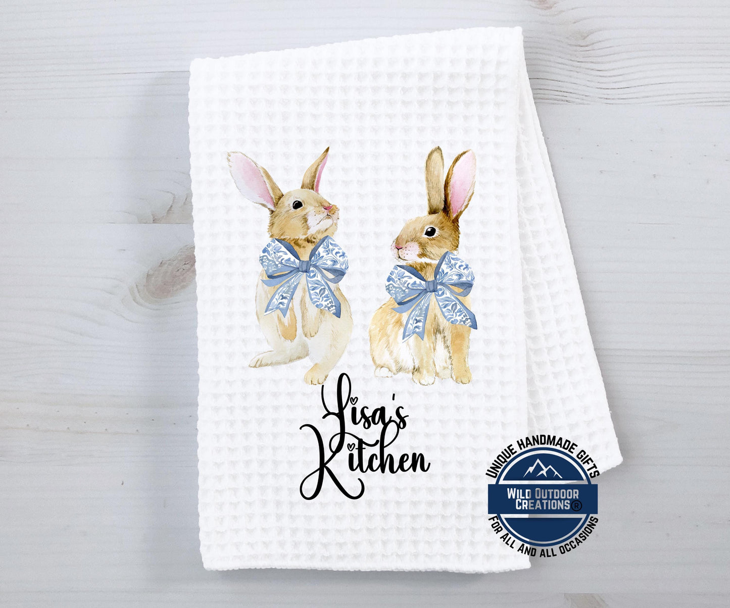 Personalized Easter Towel - Custom Kitchen Towel with Bunny Coquette Bow Design - gift presentation view