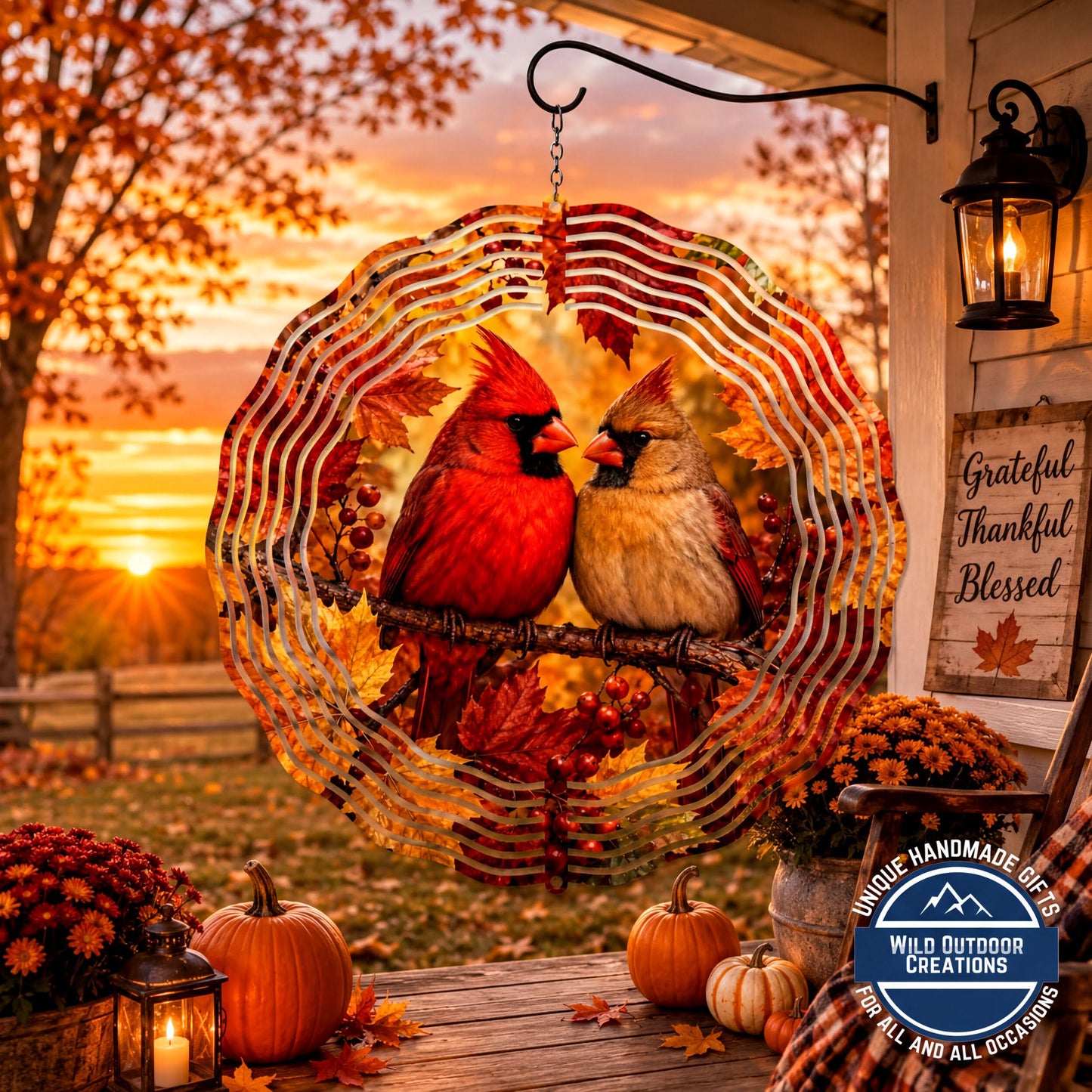 Cardinal Pair Wind Spinner Fall Leaves Red Bird Garden Memorial Decor