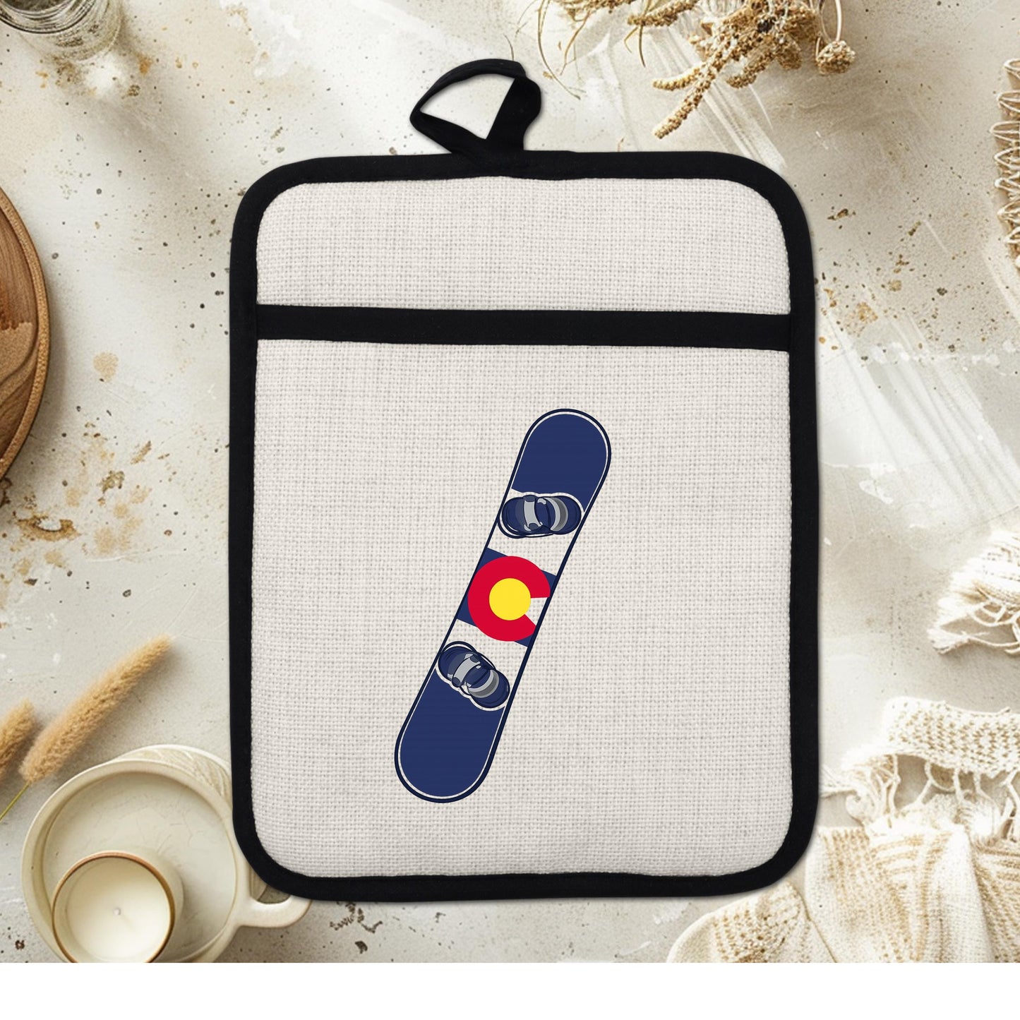 Snowboard Pot Holder - Colorado Flag Design | Linen Fabric & Silicone Backing Pad Trivet - scale and size reference