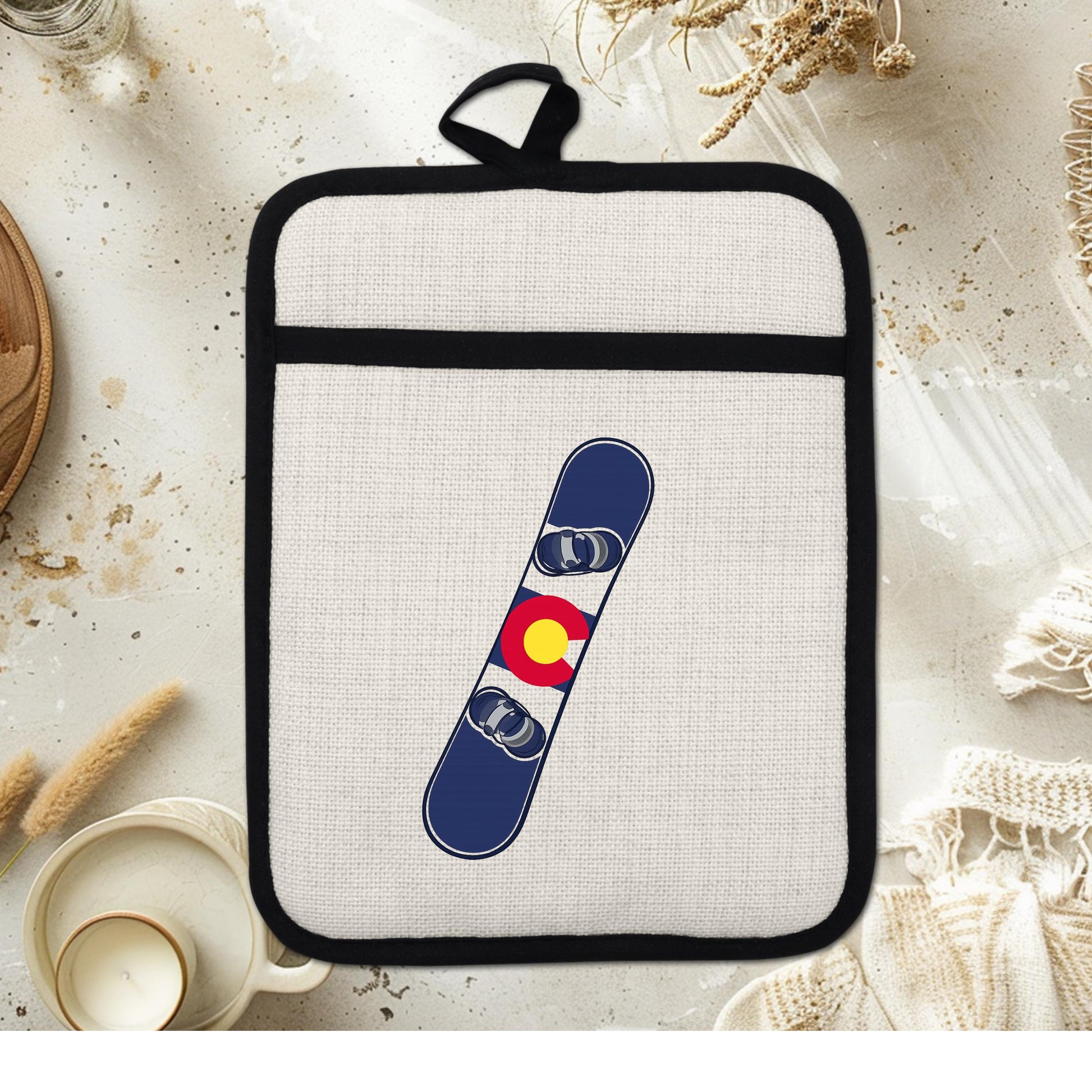 Snowboard Pot Holder - Colorado Flag Design | Linen Fabric & Silicone Backing Pad Trivet - scale and size reference
