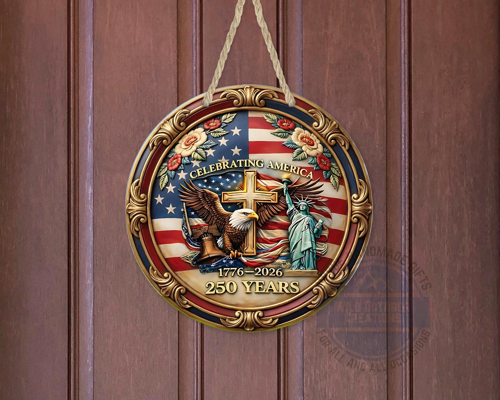 Patriotic Door Hanger - America 250 Decor | Eagle And Flag Aluminum Sign - detail view