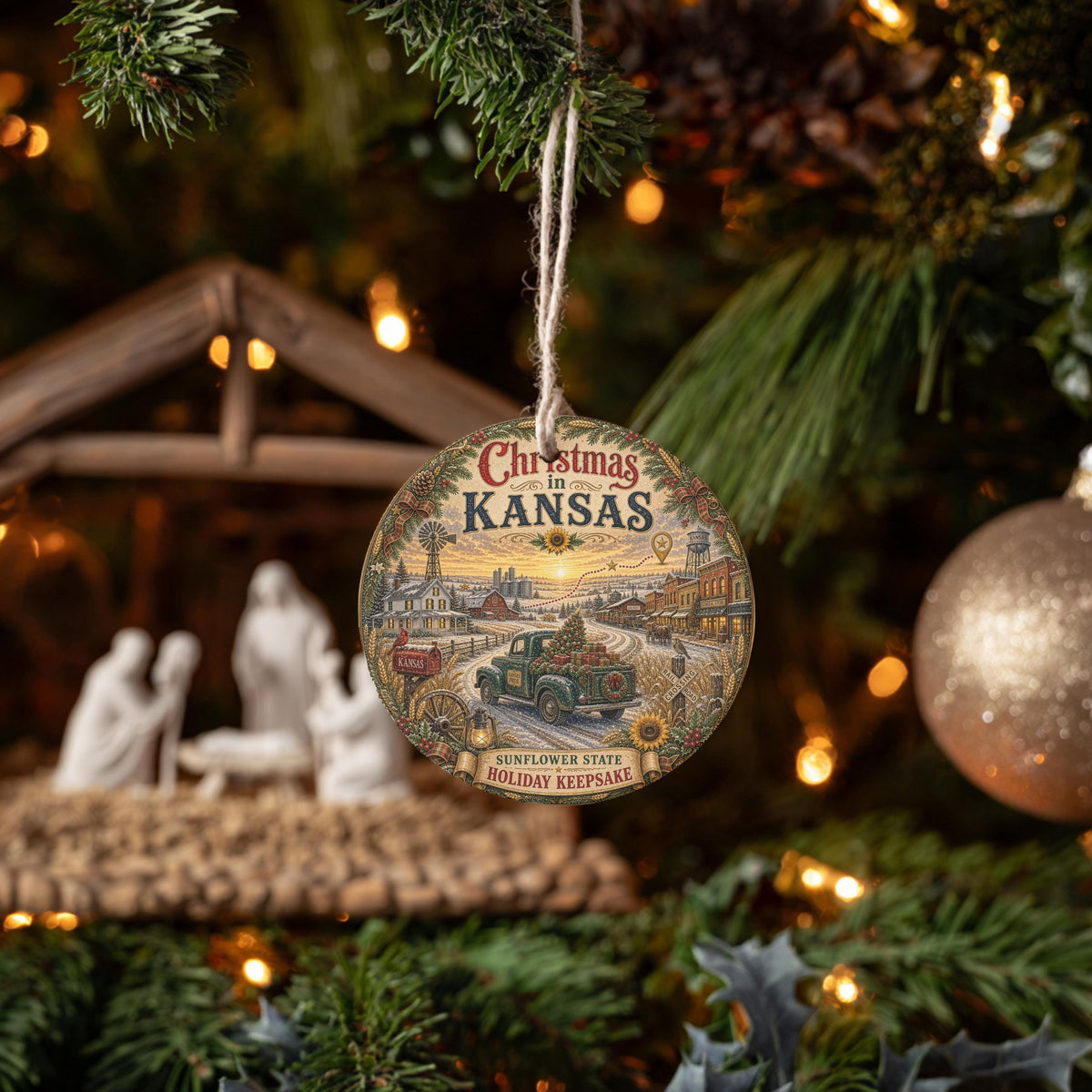Kansas Christmas Ornament | Vintage Green Truck Ceramic Keepsake, 3 Inch