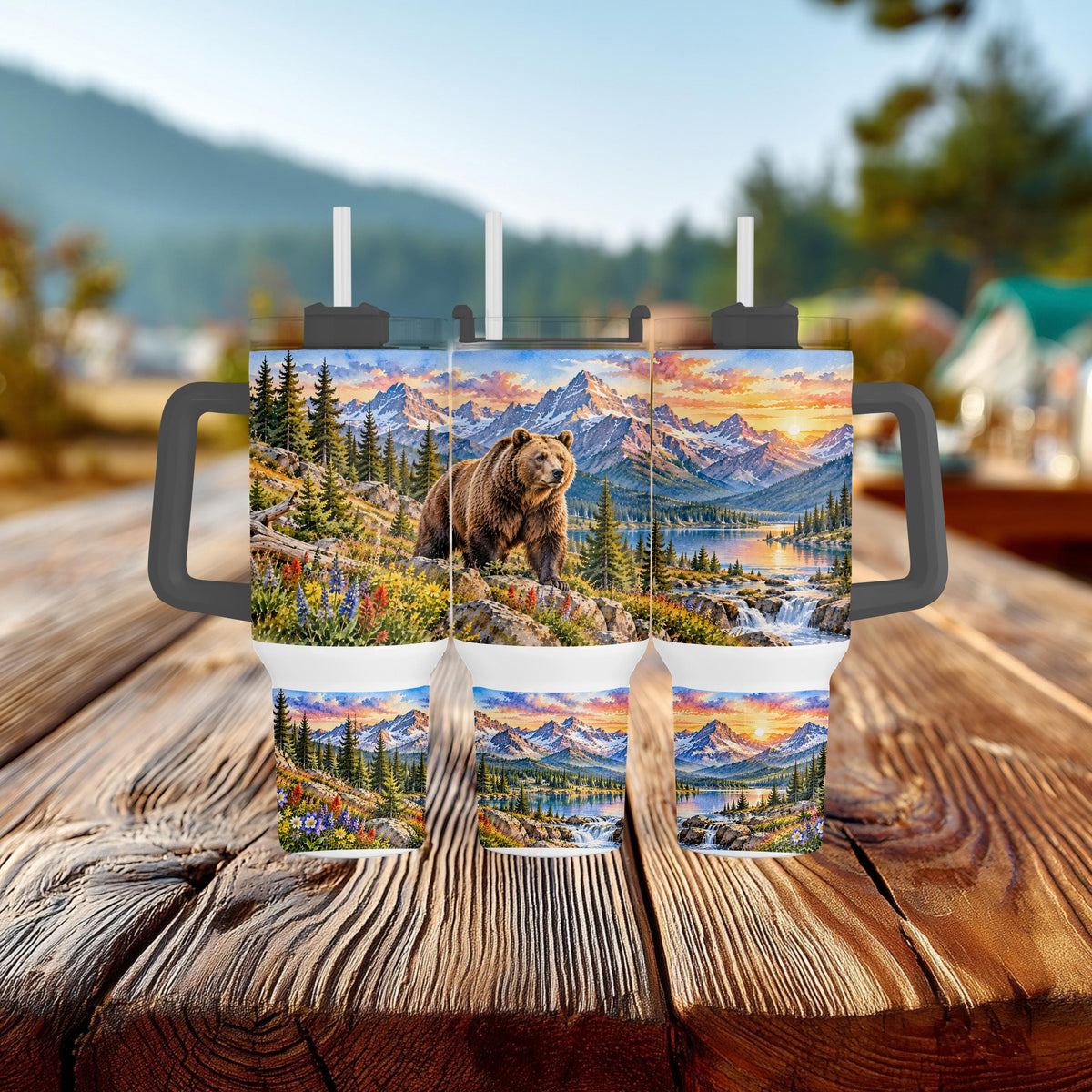 Grizzly Bear Tumbler, 40 Oz With Handle, Mountain Lake Wildlife