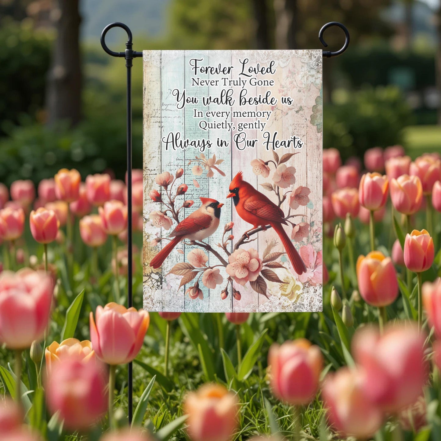 Memorial Garden Flag - Forever Loved Cardinal Tribute, Double Sided, Weather Resistant 12x18 - outdoor setting