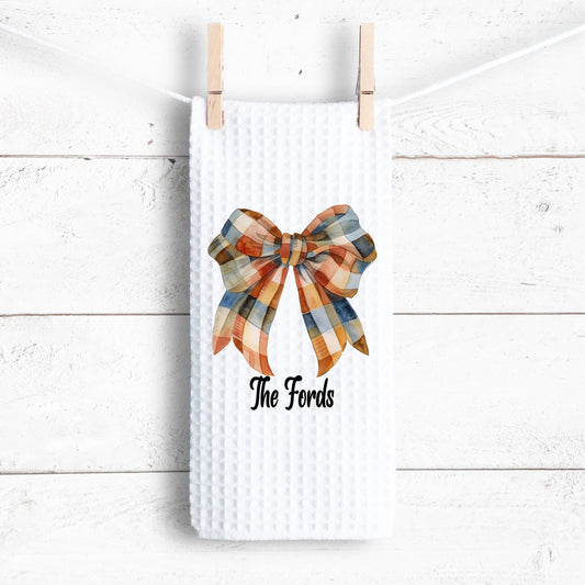 Personalized Gingham Bow Waffle Weave Towel - Custom Kitchen Decor  Unique Autumn Gift for Her
