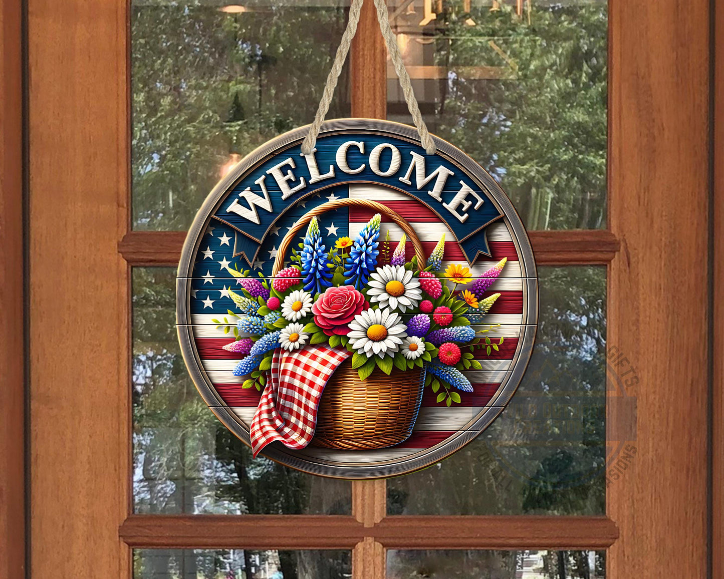 Patriotic Door Hanger - Aluminum Outdoor Sign With American Flag & Floral Basket - displayed on front door