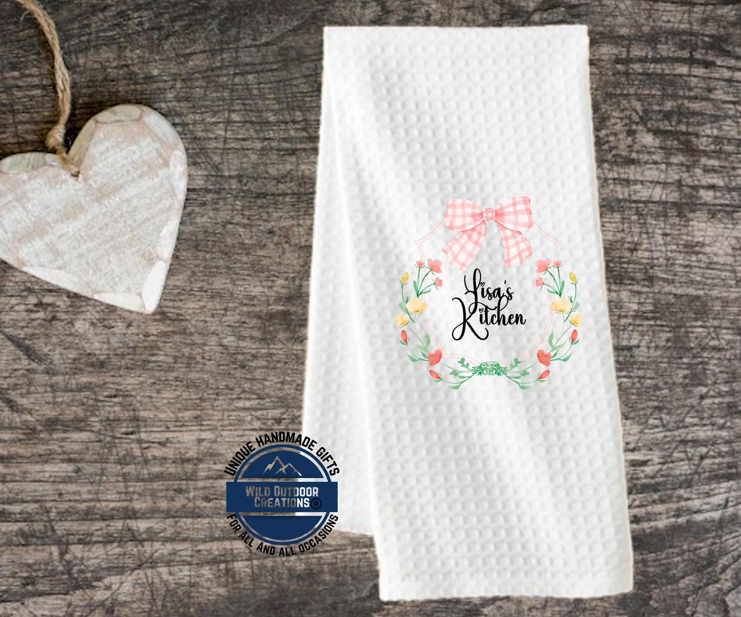 Personalized Kitchen Towel – Custom Floral Wreath Pink Gingham Bow Gift - additional product photo 14