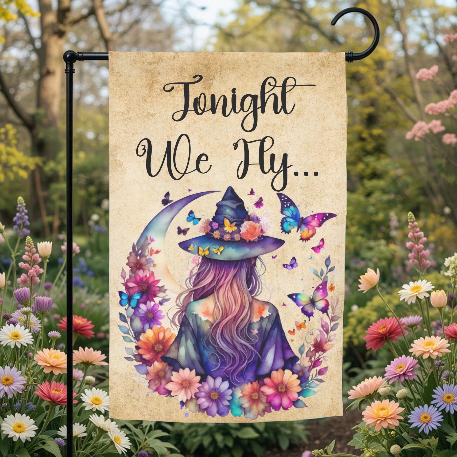 Witch Garden Flag – Floral Butterfly Moon | Boho Halloween Yard Decor 12x18 - garden display