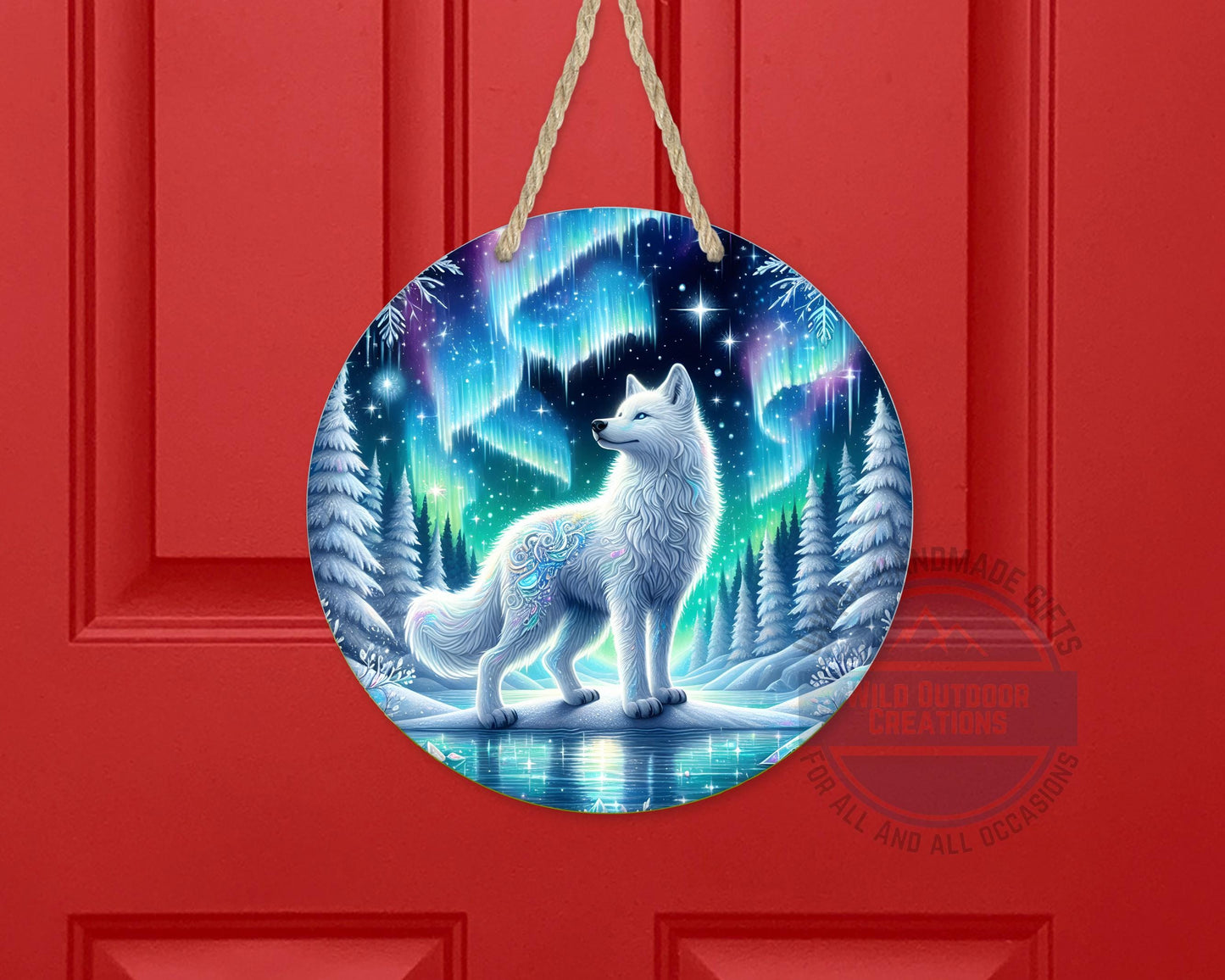 Wolf Door Hanger - Northern Lights Art | Rustic Cabin Sign, Outdoor Decor - alternate view