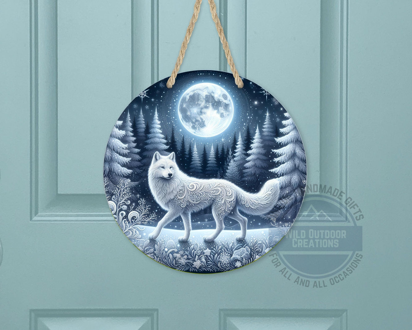 Wolf Door Sign - Rustic Outdoor Decor Full Moon Night with White Wolf Art - additional angle
