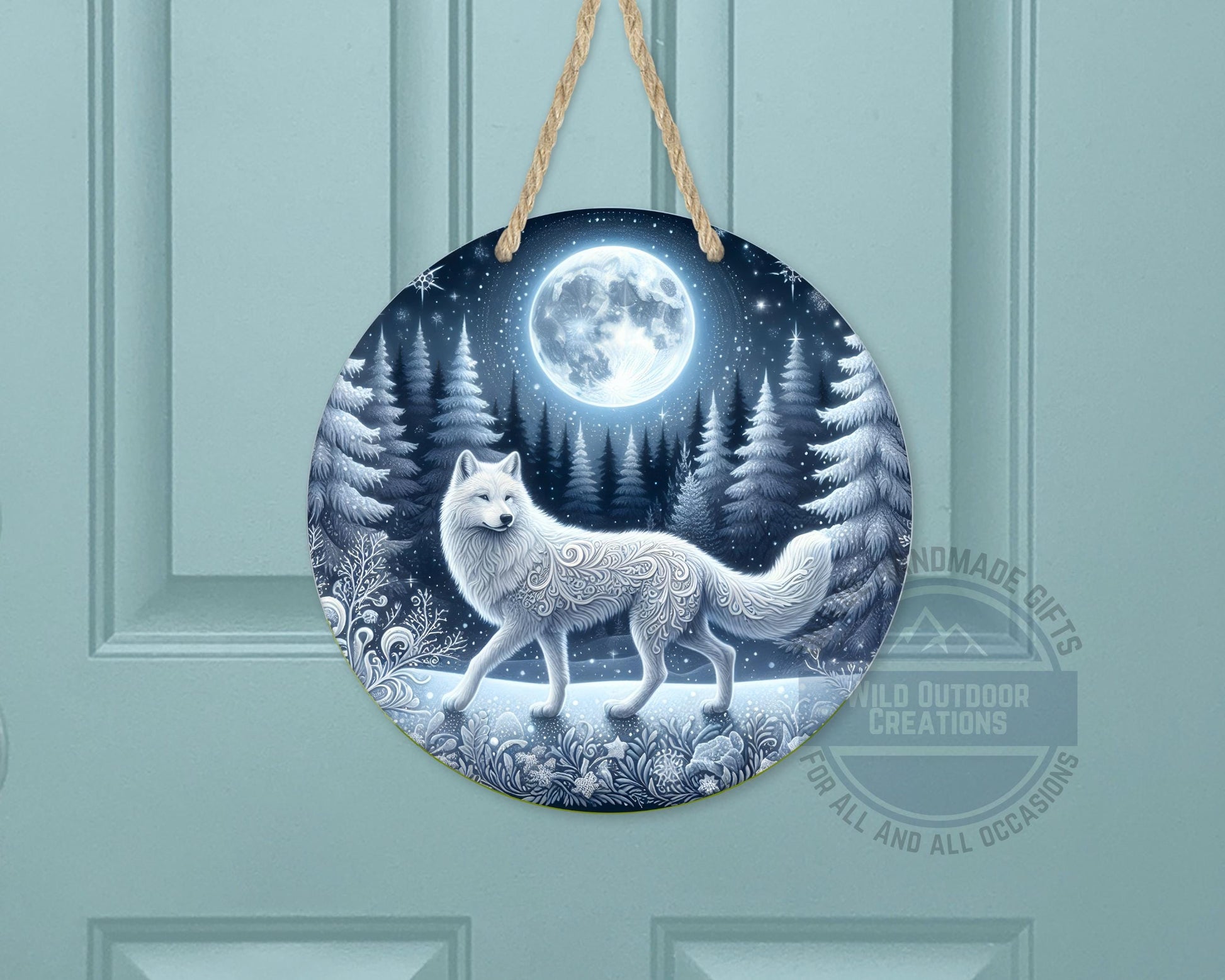 Wolf Door Sign - Rustic Outdoor Decor Full Moon Night with White Wolf Art - additional angle