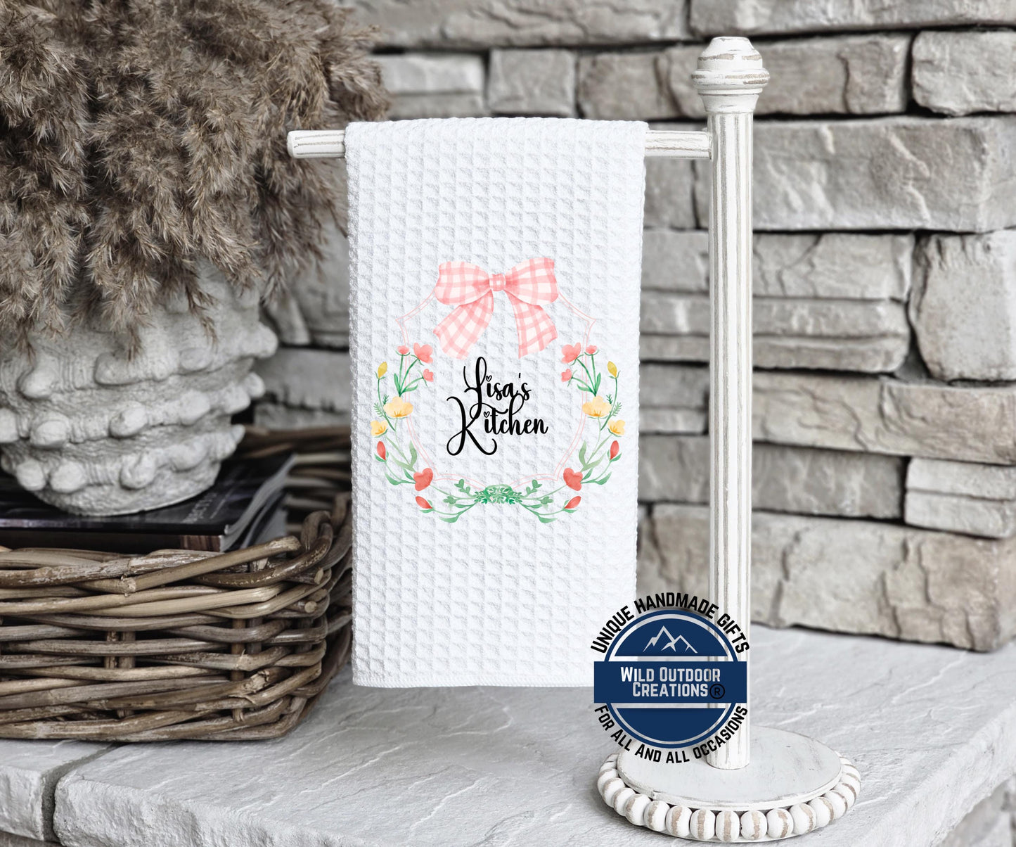 Personalized Kitchen Towel – Custom Floral Wreath Pink Gingham Bow Gift