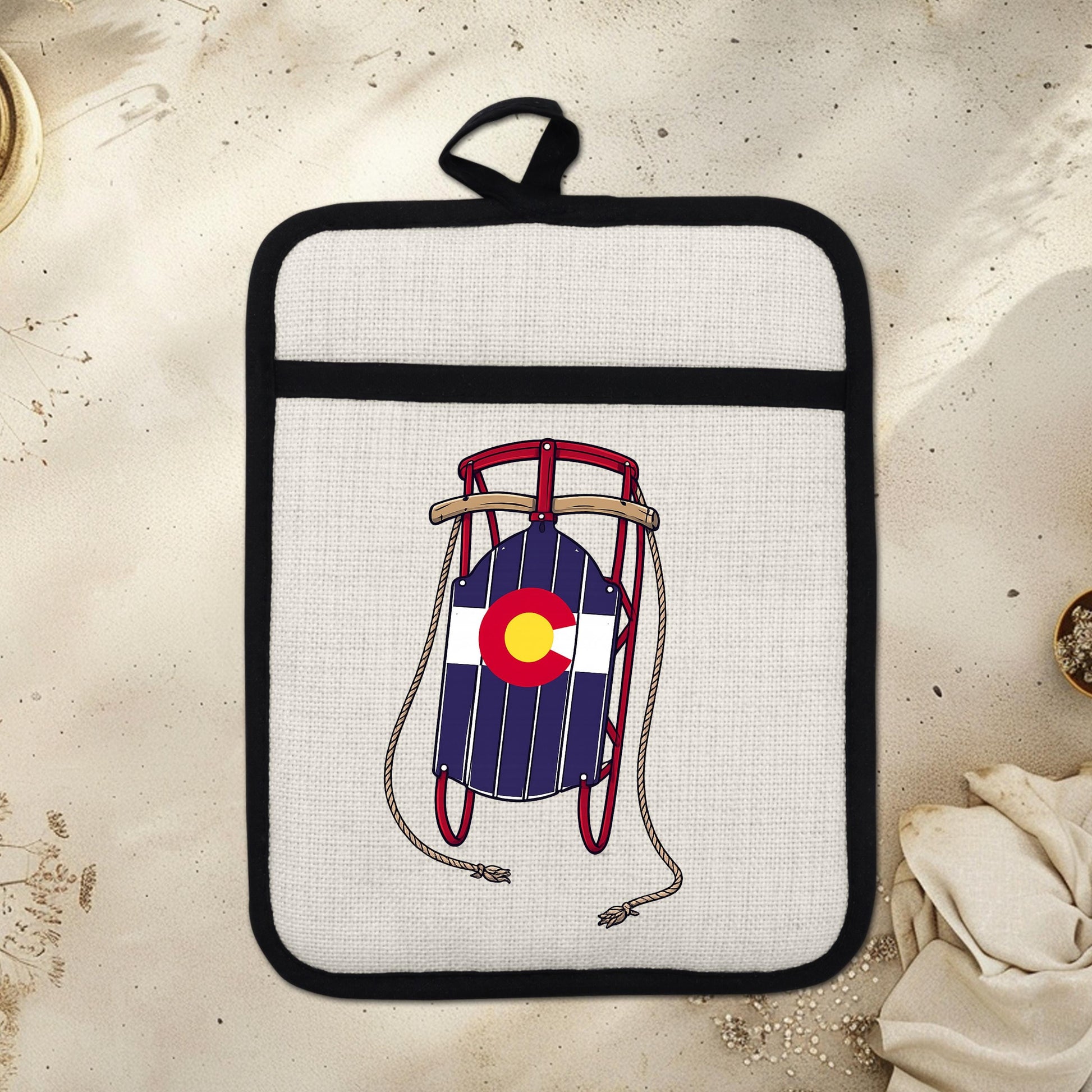 Colorado Sled Pot Holder - Linen Pot Holder with Silicone Back Trivet, Heat Resistant Oven Mitt - scale and size reference