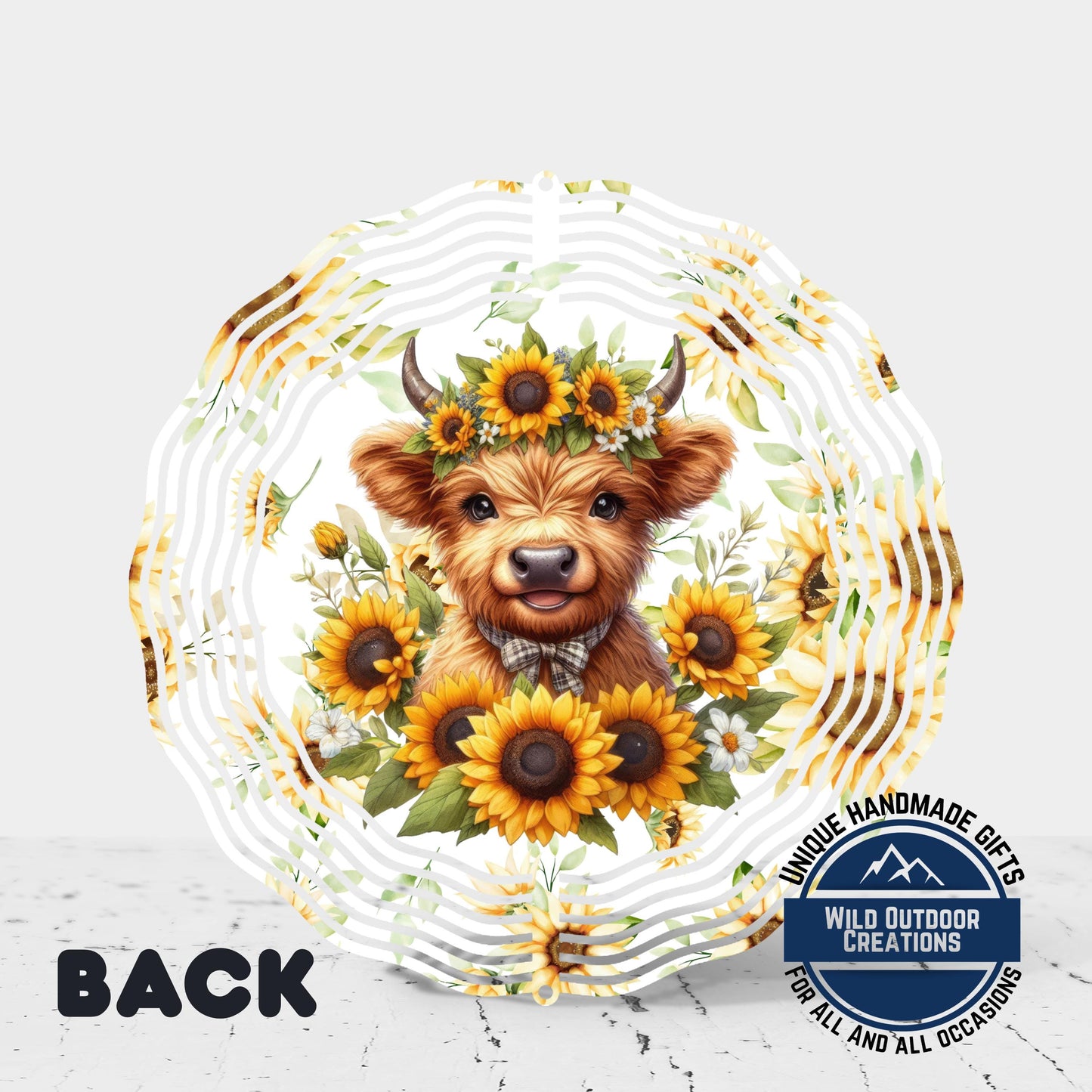 Baby Highland Cow Spinner - Rustic Garden Decor | Sunflower Crown Wind Spinner - additional product photo 10