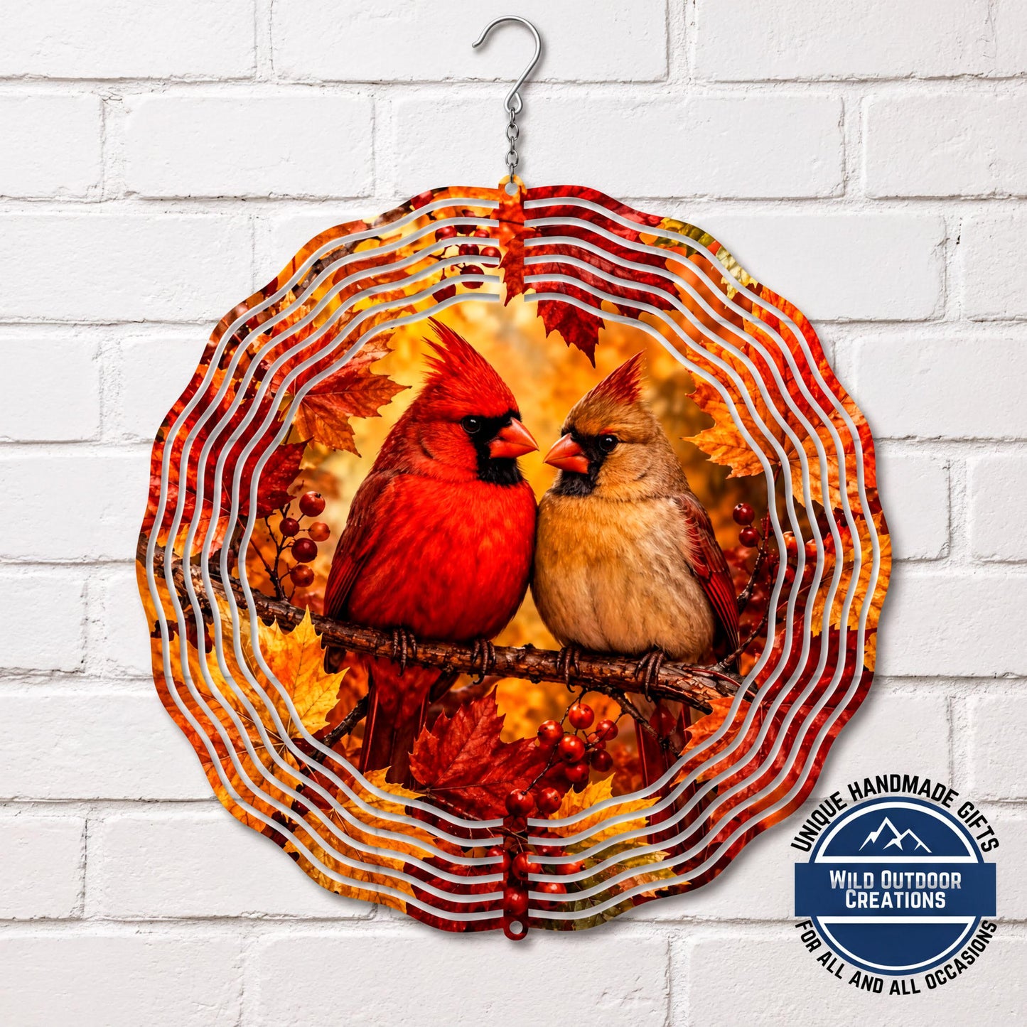 Cardinal Pair Wind Spinner Fall Leaves Red Bird Garden Memorial Decor