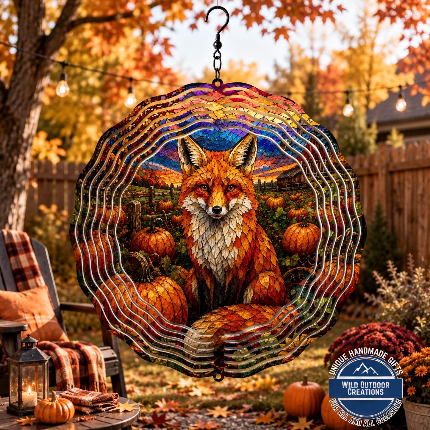 Fox Faux Stained Glass Wind Spinner Fall Pumpkin Patch Garden Decor