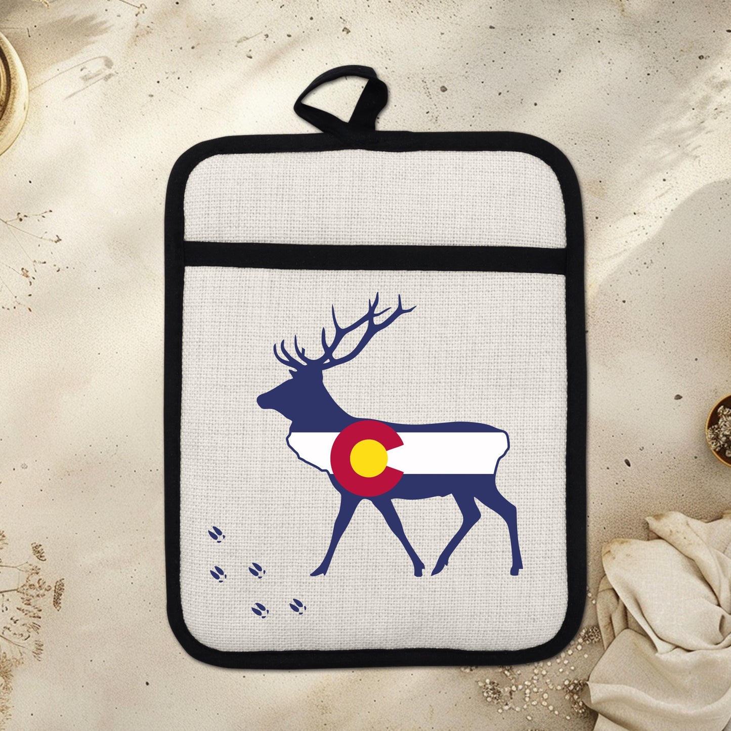 Elk Pot Holder - Colorado Linen With Silicone Back, Heat Resistant Trivet 9x7 Inches - scale and size reference
