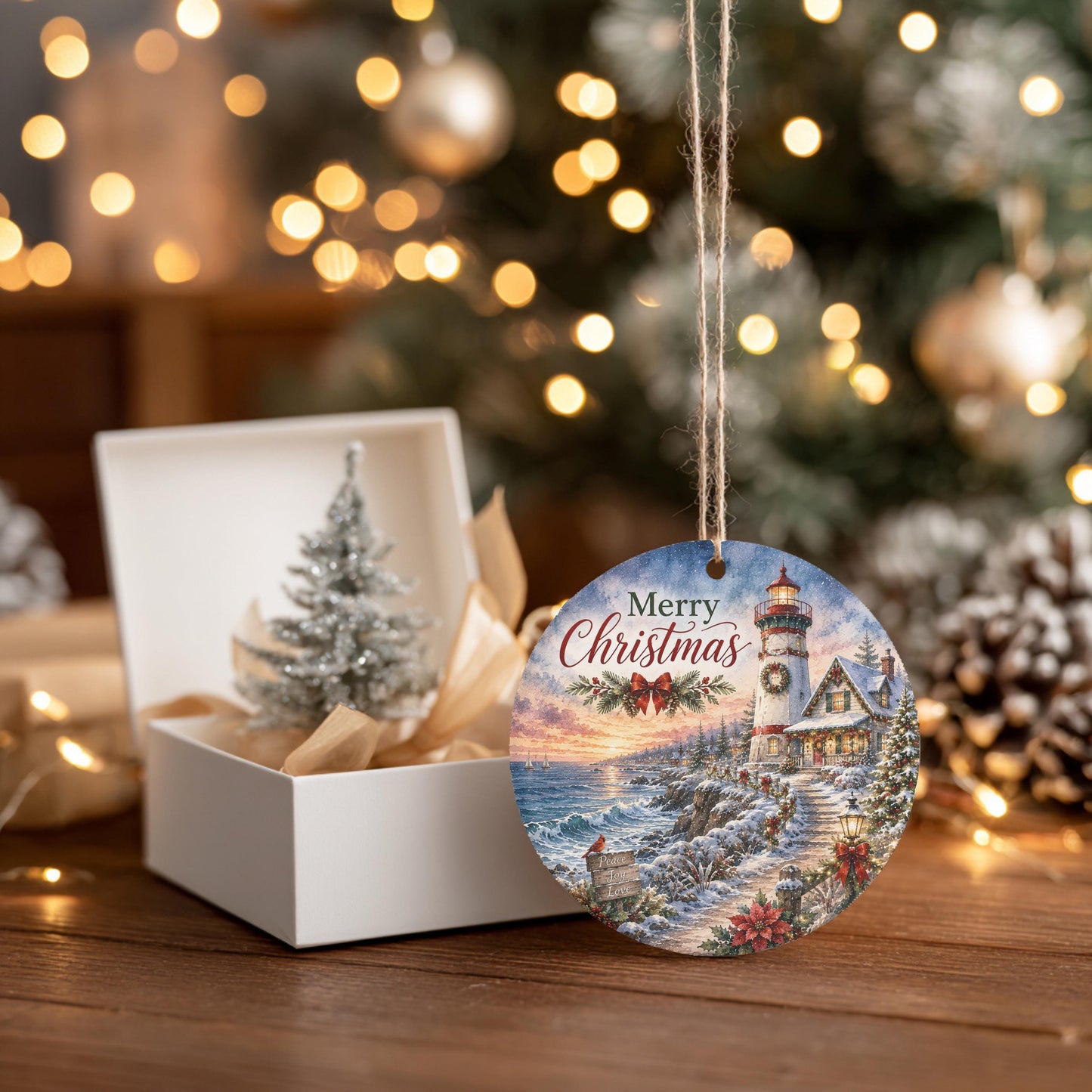 Lighthouse Christmas Ornament, Snowy Coastal Scene | Ceramic 3 Inch