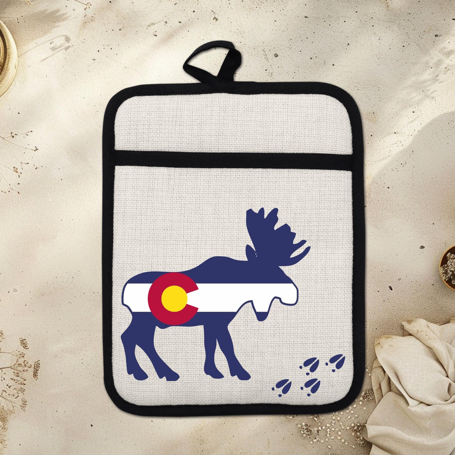 Colorado Moose Pot Holder - Heat Resistant Trivet with Silicone Back & Linen Fabric Front - lifestyle view