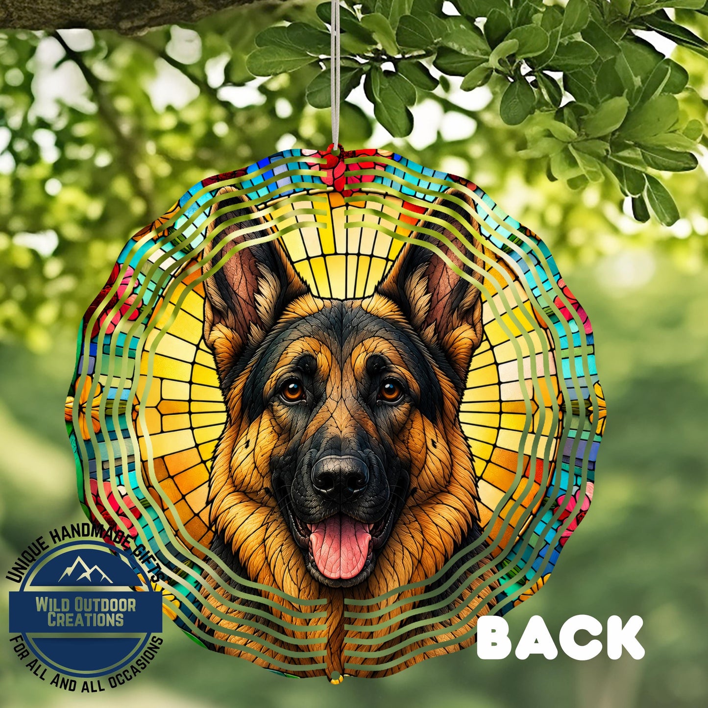 German Shepherd Wind Spinner - 10 Inch Faux Stained Glass Metal Garden Decor