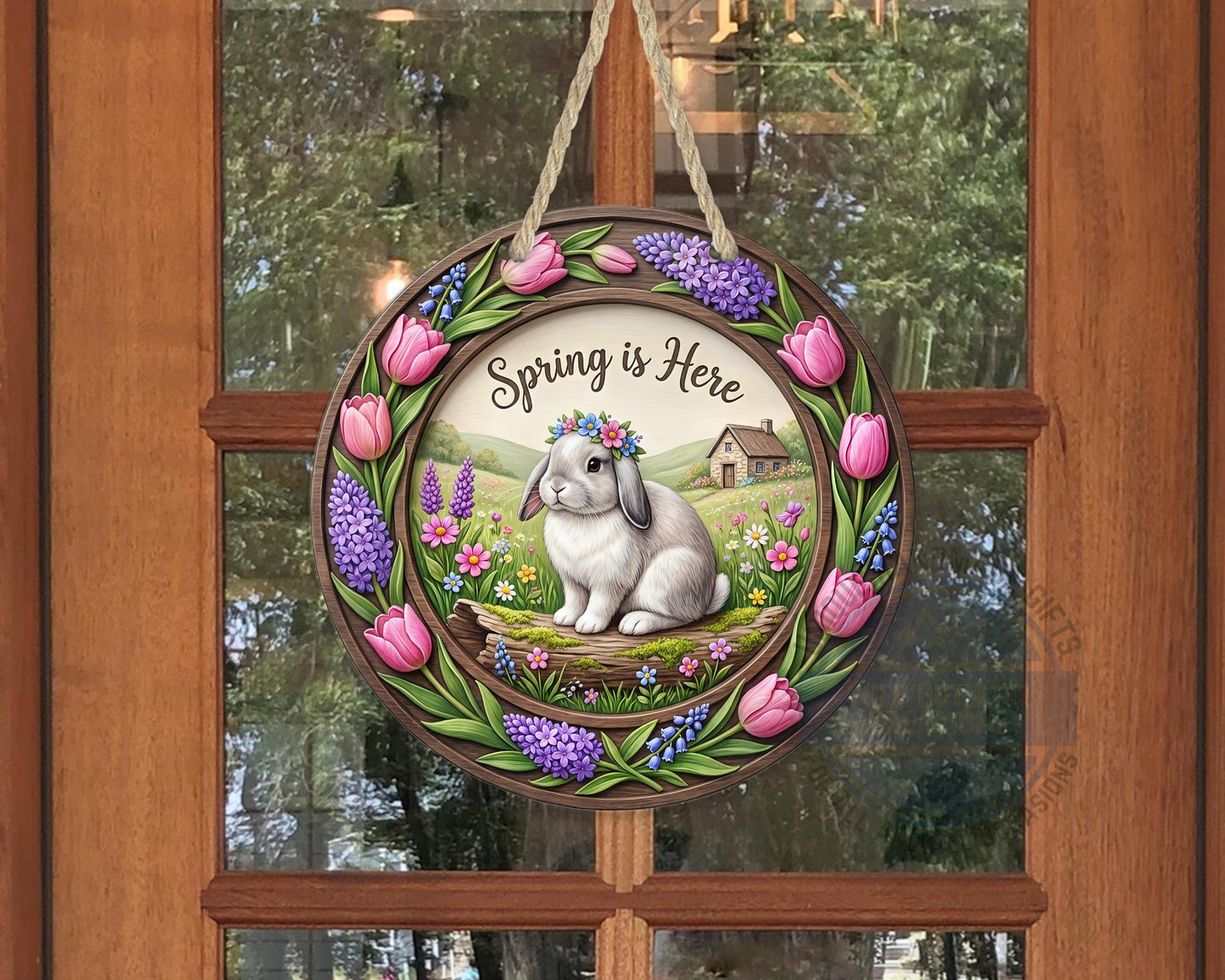 Spring Door Hanger – Round Aluminum Bunny Spring Sign with Tulip Decor - scale and size reference