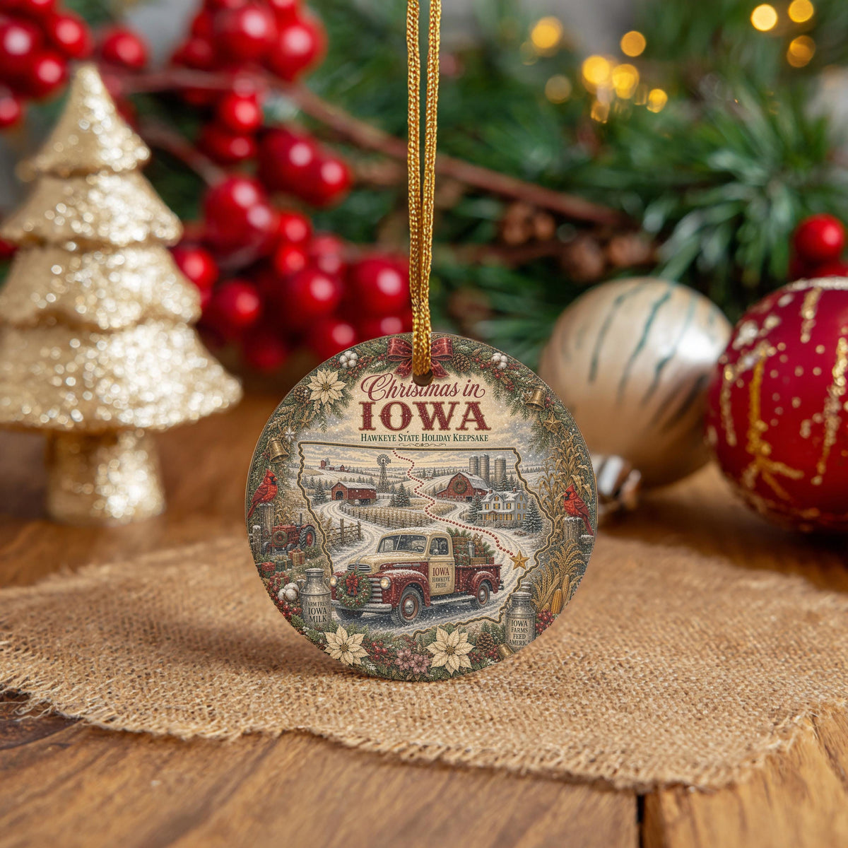 Iowa Christmas Ornament, Vintage Truck Cardinal Ceramic Keepsake