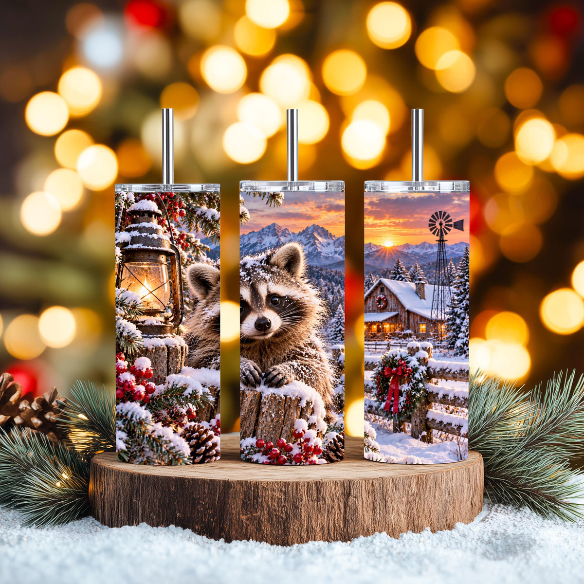 Raccoon Tumbler, 20 Oz Skinny, Snowy Cabin Lantern Holiday Gift