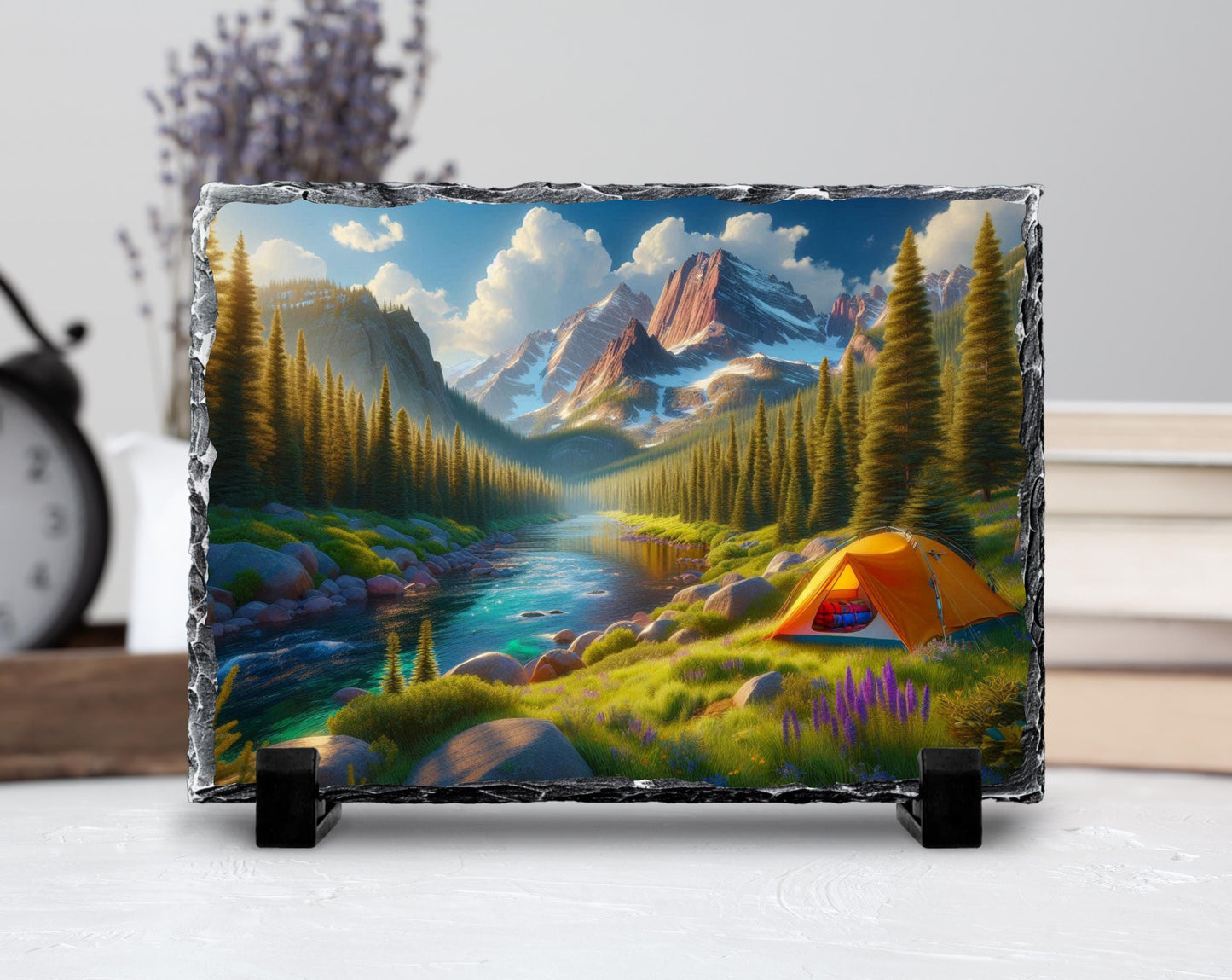 Mountain Camping Plaque - Rustic Slate Art With River And Tent Artwork - product dimensions and specifications