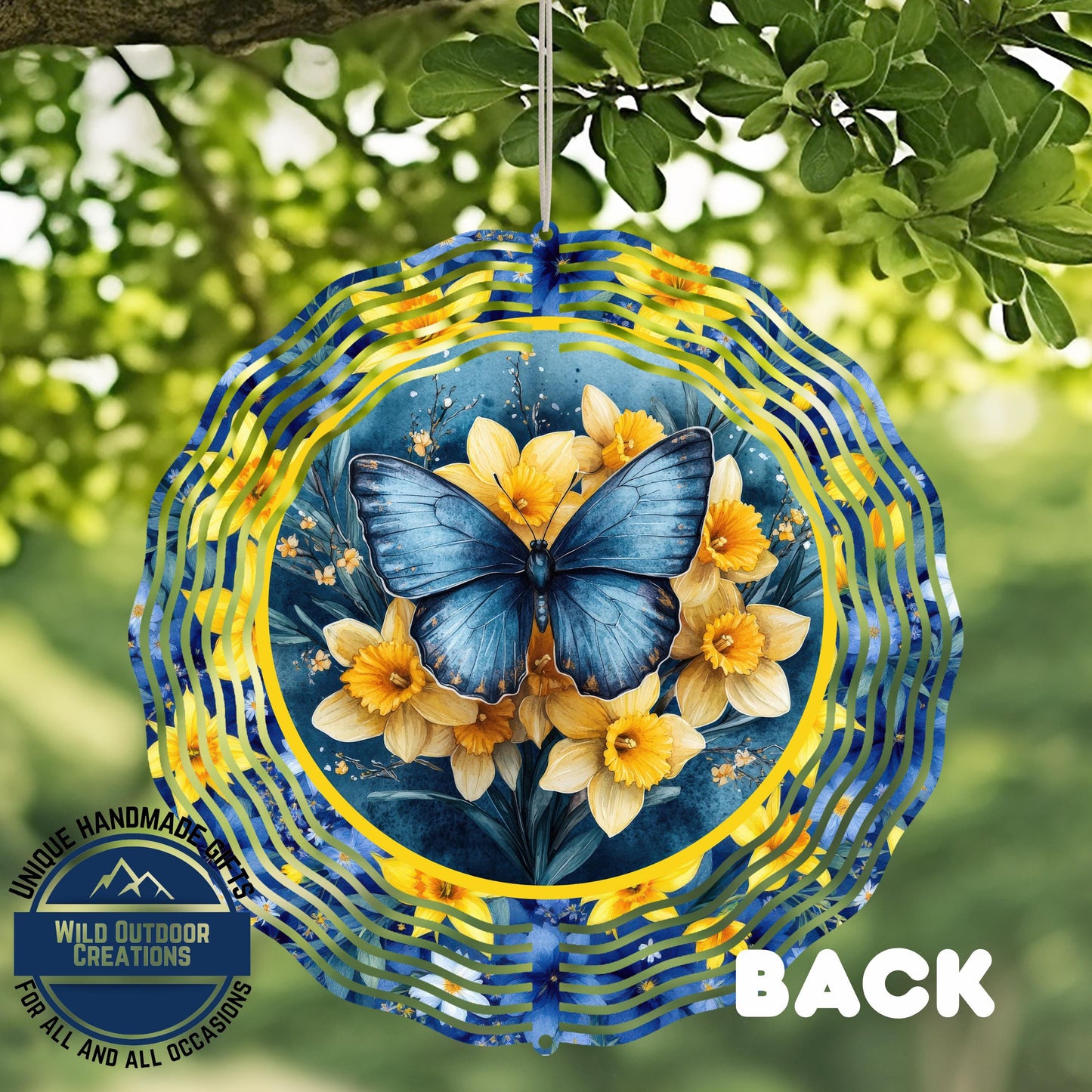 Daffodil Wind Spinner – Blue Butterfly Garden Decor, 10-Inch Aluminum Outdoor - close-up detail of design