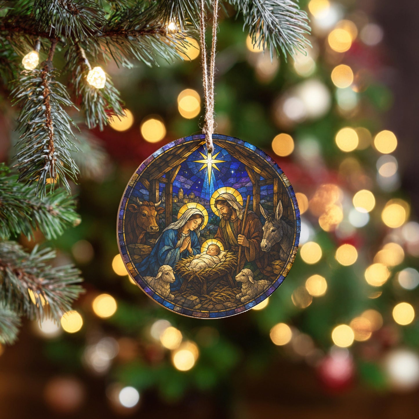 A round ornament hanging from a Christmas tree, depicting the Nativity scene with the baby Jesus, Mary, and Joseph in a stable.