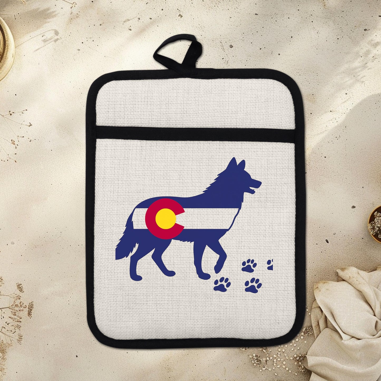Colorado Wolf Pot Holder - Linen Front, Silicone Trivet, Heat Resistant Pad - lifestyle view