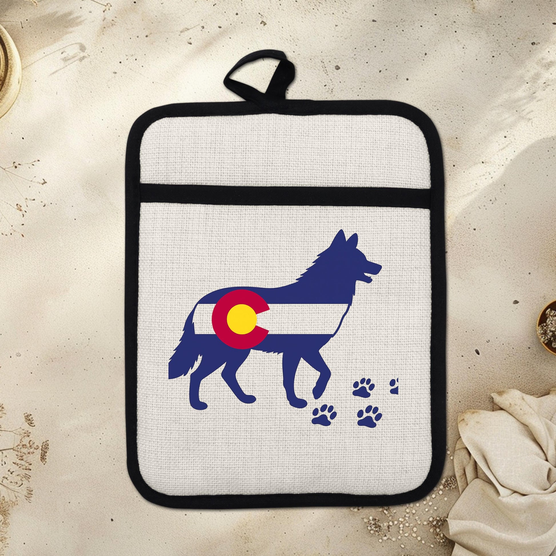 Colorado Wolf Pot Holder - Linen Front, Silicone Trivet, Heat Resistant Pad - lifestyle view