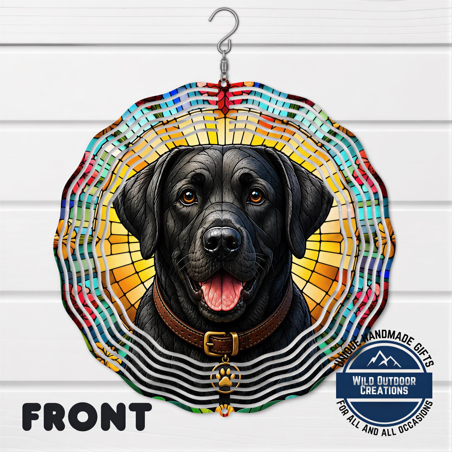 Black Lab Wind Spinner - 10 Inch Faux Stained Glass Spiral Garden Decor