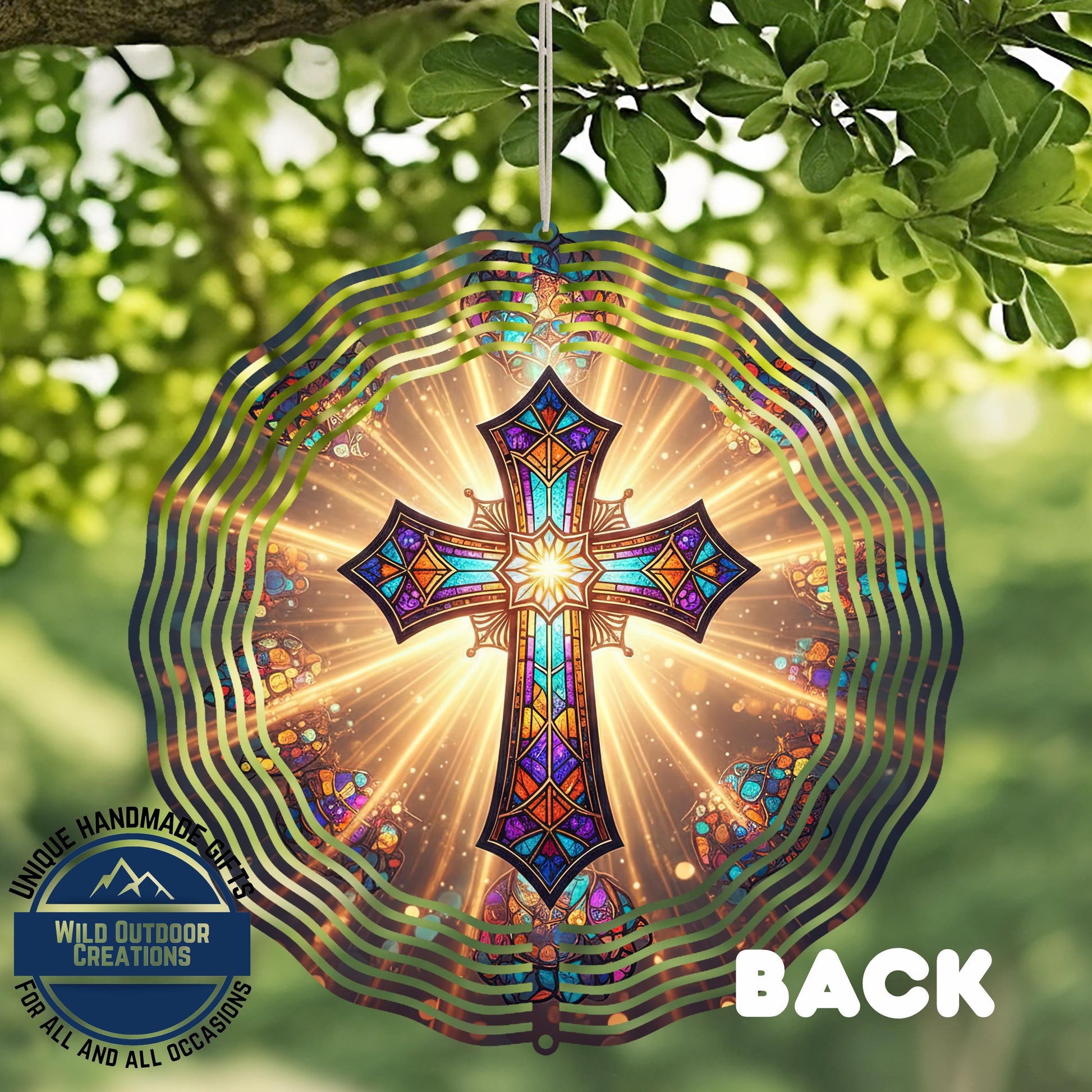 Faux Stained Glass Cross - Double Sided Spinner | Outdoor Wind Spinner with UV Protected Colors - close-up detail of design