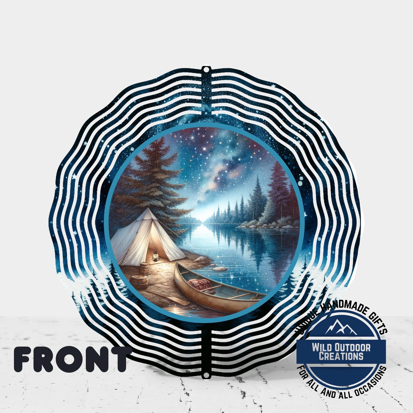 Camping Wind Spinner - Double Sided River Scene, 10 Inch Aluminum Garden Art - back side design view