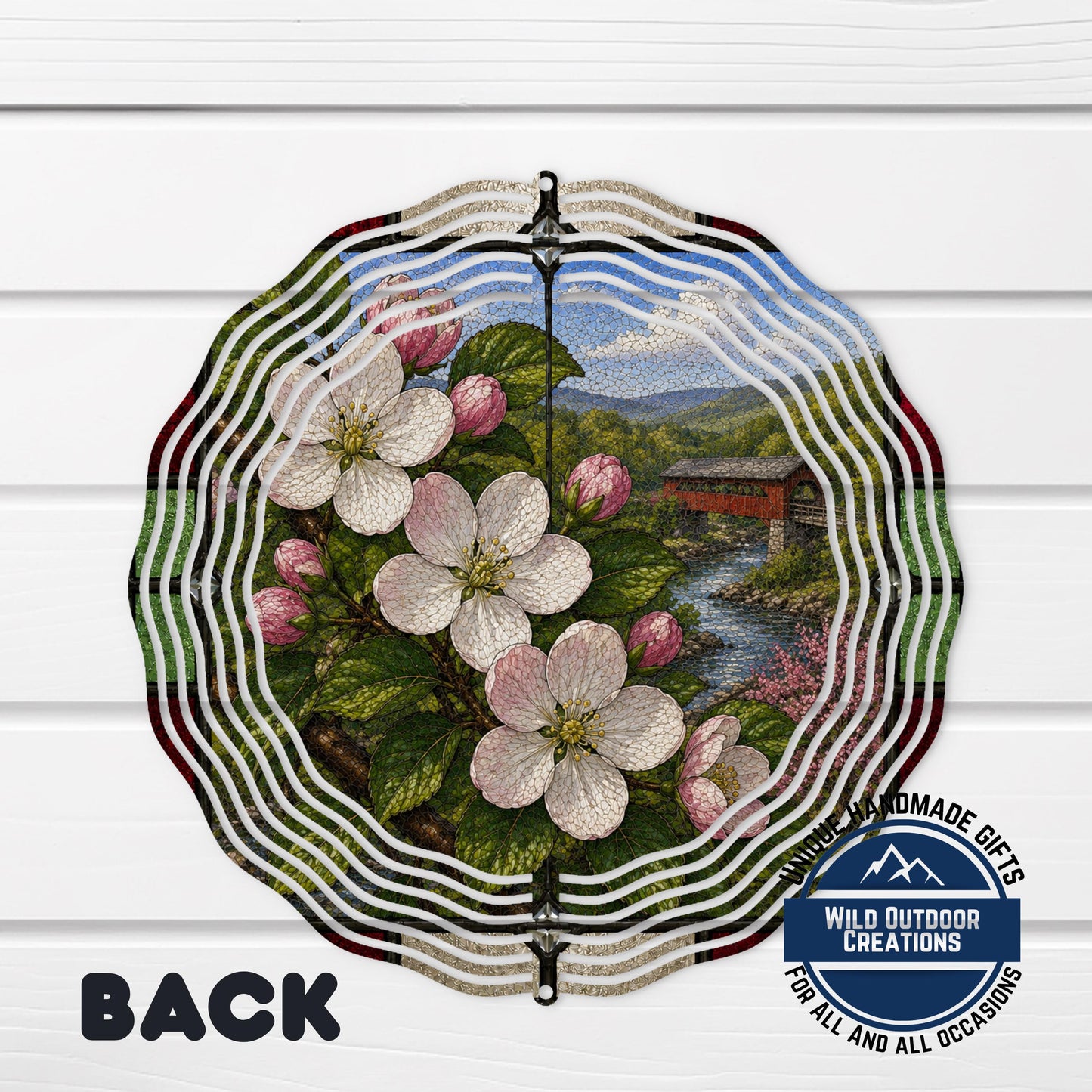 Apple Blossom Wind Spinner - Arkansas State Flower Stained Glass Style Outdoor Decor