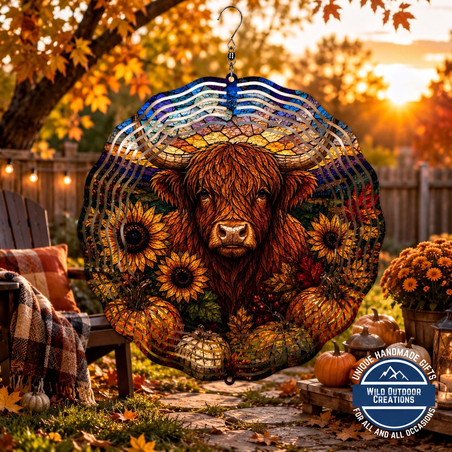Highland Cow Faux Stained Glass Wind Spinner Fall Sunflower Garden Decor