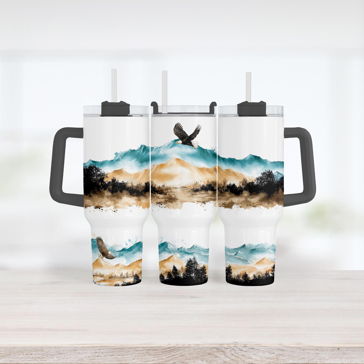 40 Oz Tumbler, Bald Eagle Teal Mountain Watercolor With Handle