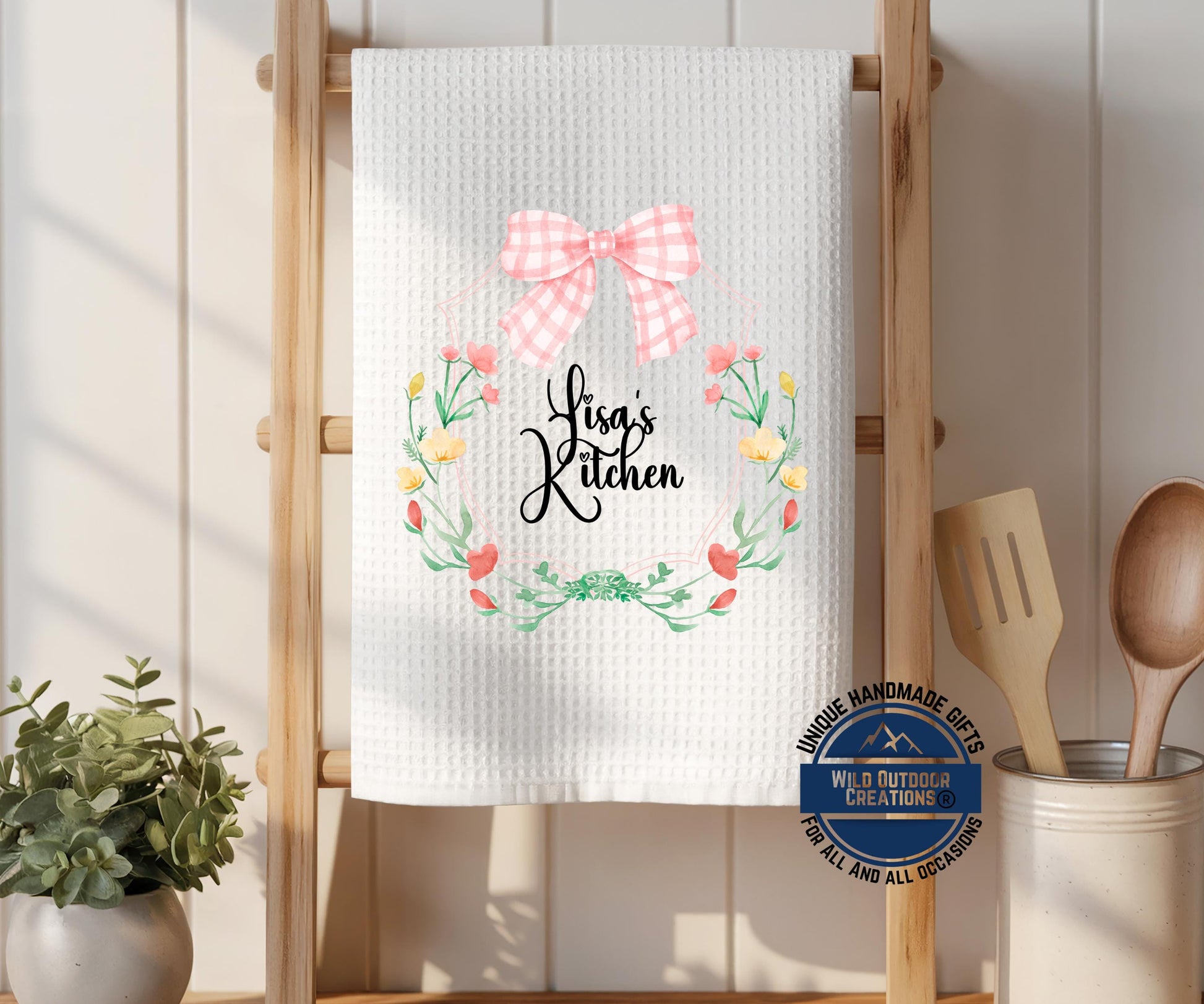 Personalized Kitchen Towel – Custom Floral Wreath Pink Gingham Bow Gift - additional product photo 15