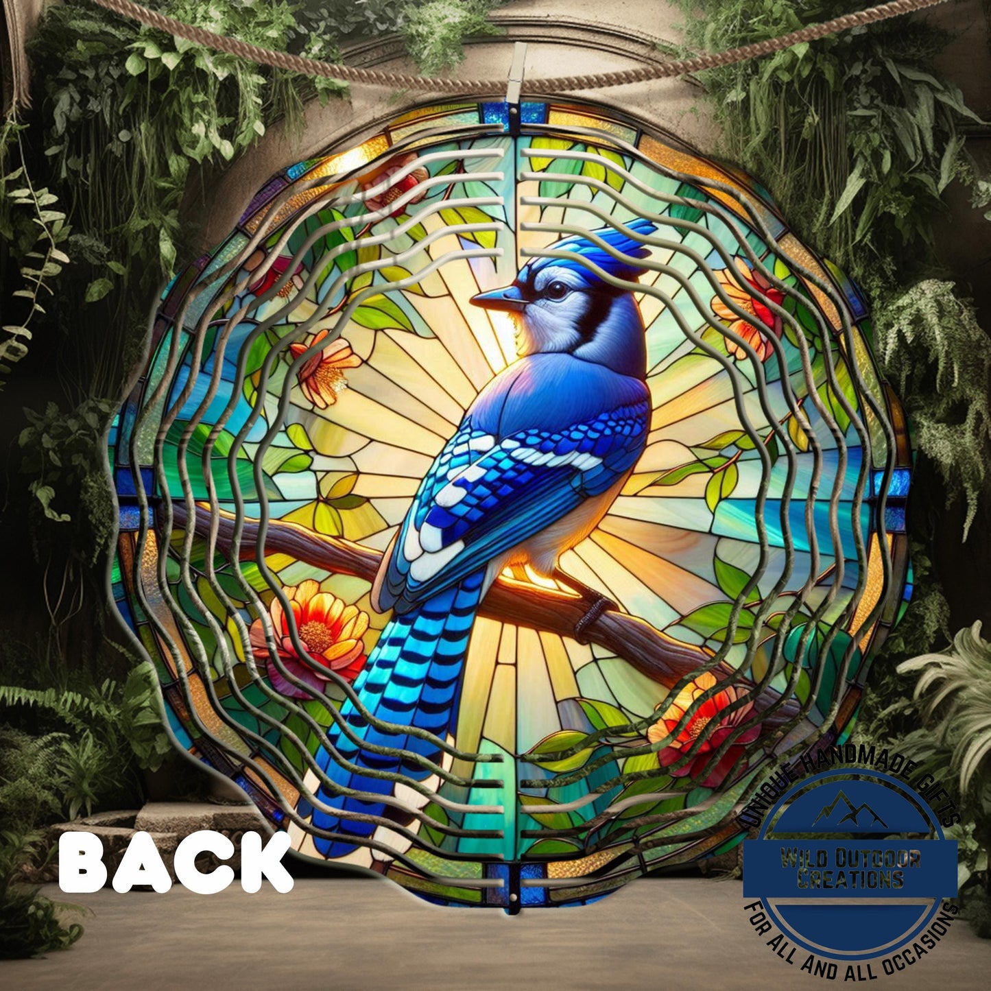 Blue Jay Wind Spinner – 10 Inch Aluminum Garden Spinner with Faux Stained Glass Decor - additional product photo 12
