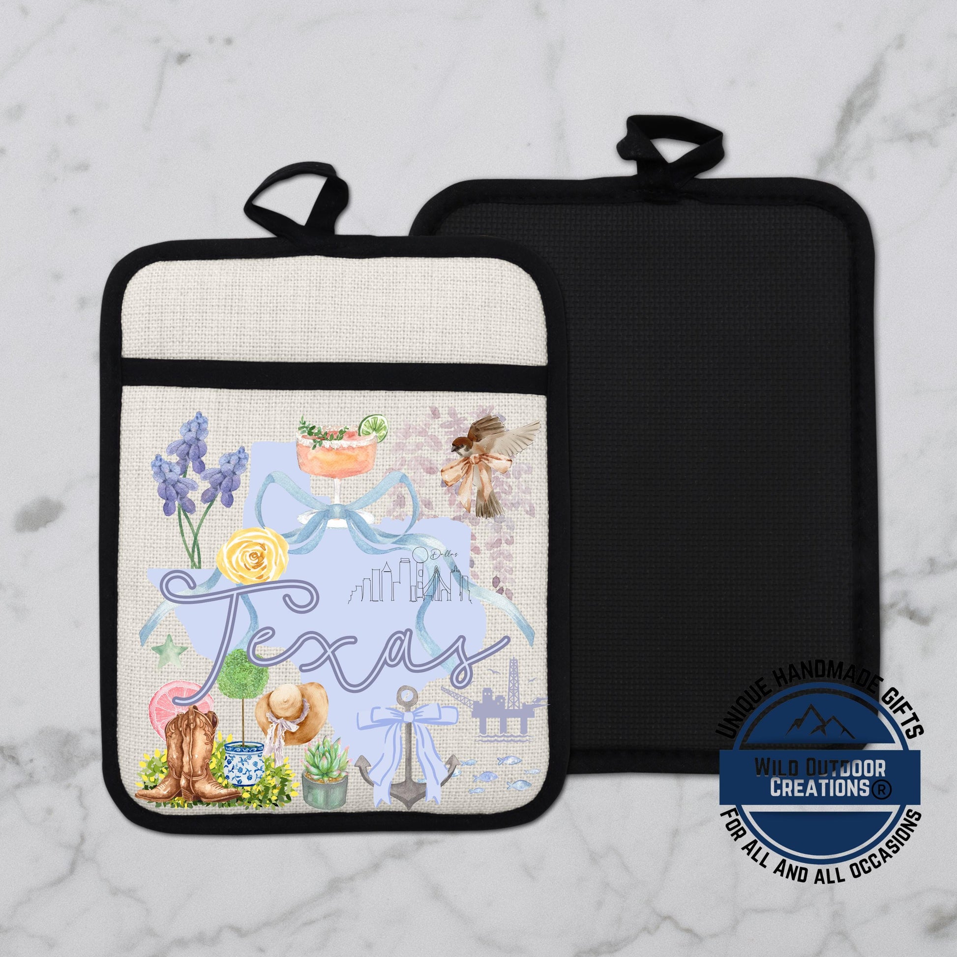 Texas Pocket Pot Holder – Non Slip Potholder with Watercolor Design & Heat Resistant Pocket - product dimensions and speci...