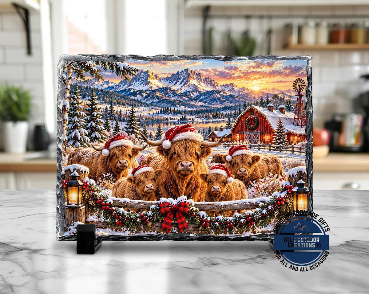 Highland Cow Decor, Christmas Slate Plaque, Santa Hat Cow Family