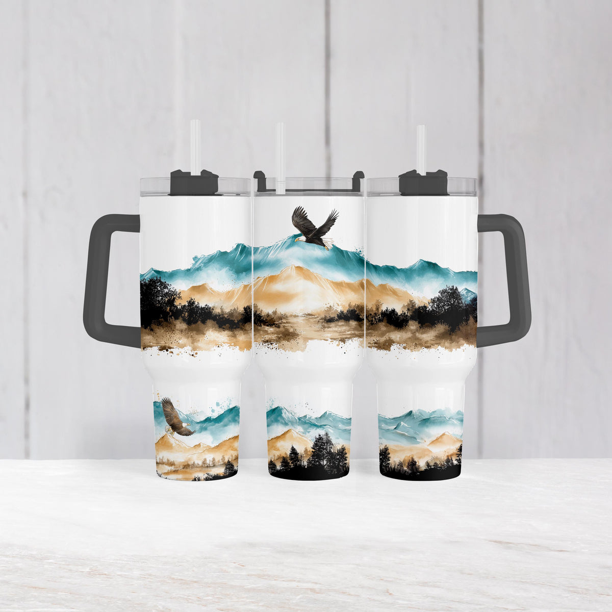 40 Oz Tumbler, Bald Eagle Teal Mountain Watercolor With Handle