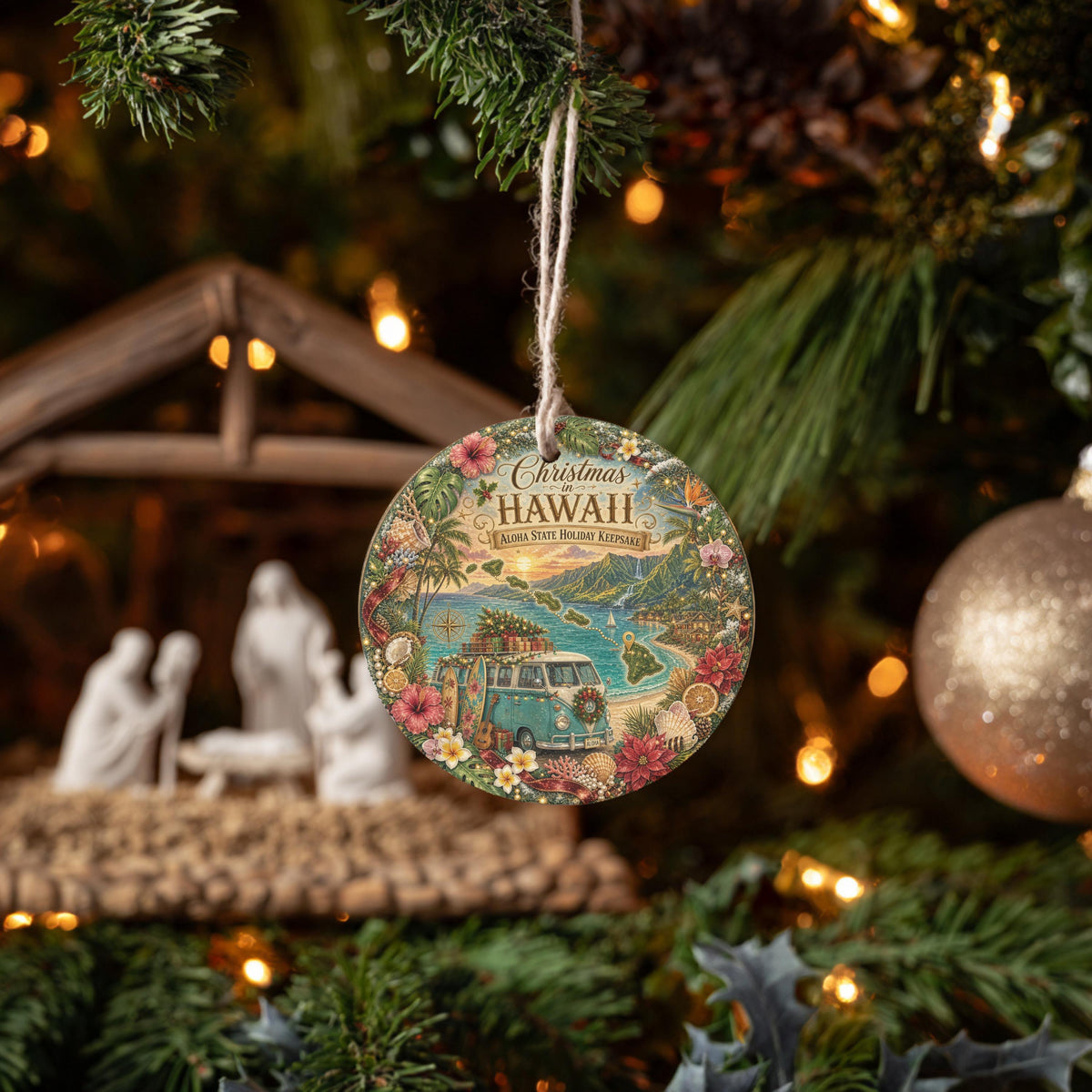 Hawaii Ornament, Vintage Van Aloha State Keepsake, 3 Inch Ceramic